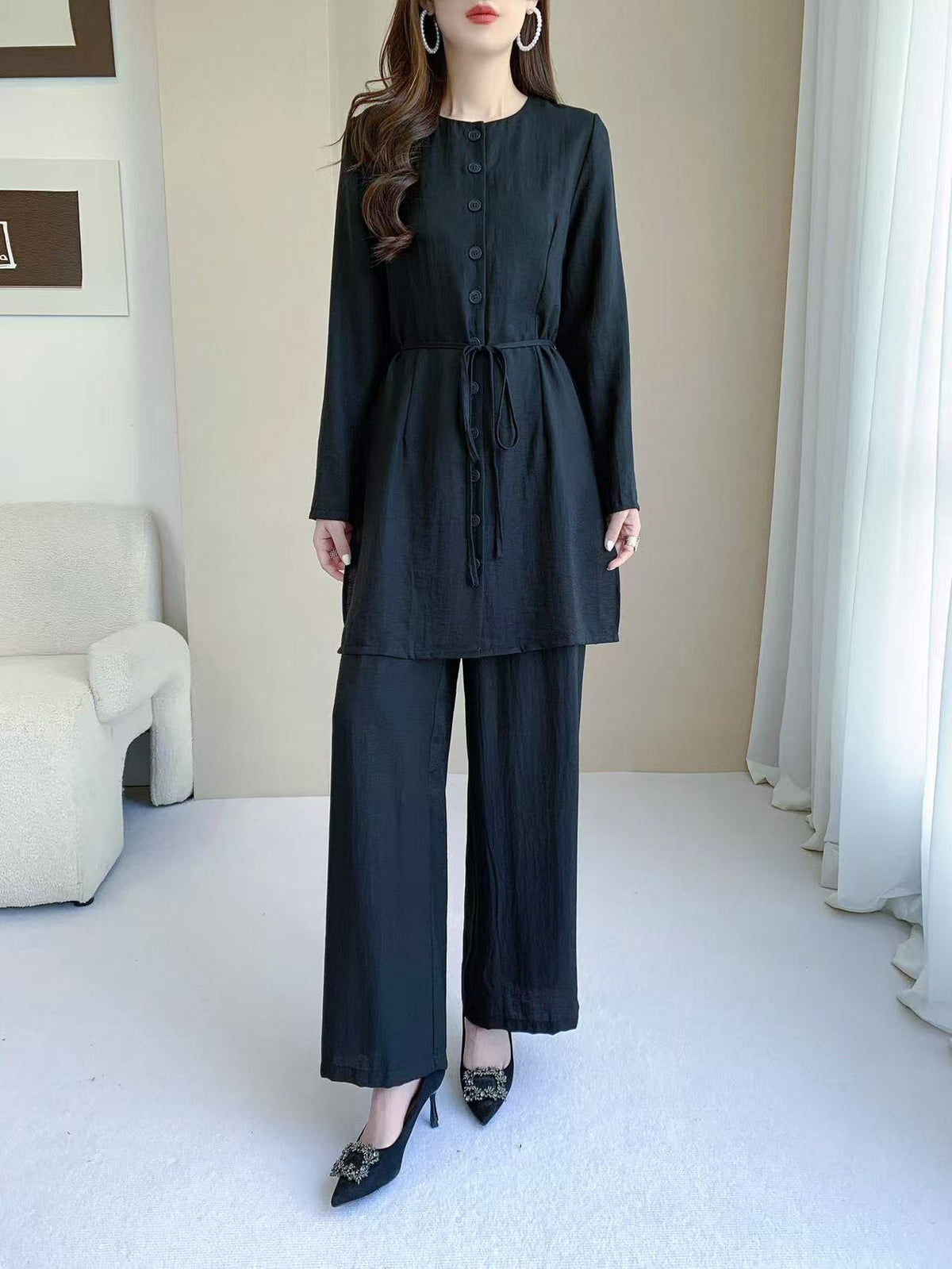 Button Front Long Sleeve Top & Wide Leg Pants Set (L-26805)