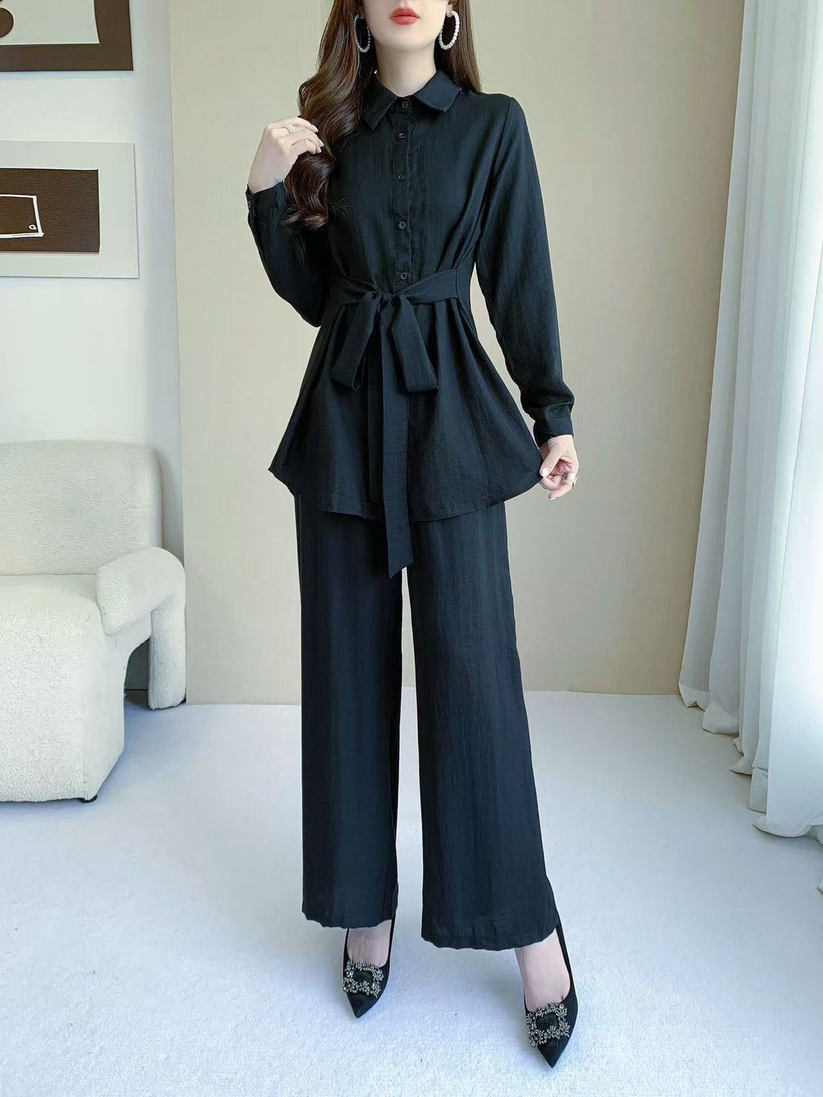 Collared Long Sleeve Two Piece Set (L-26808)