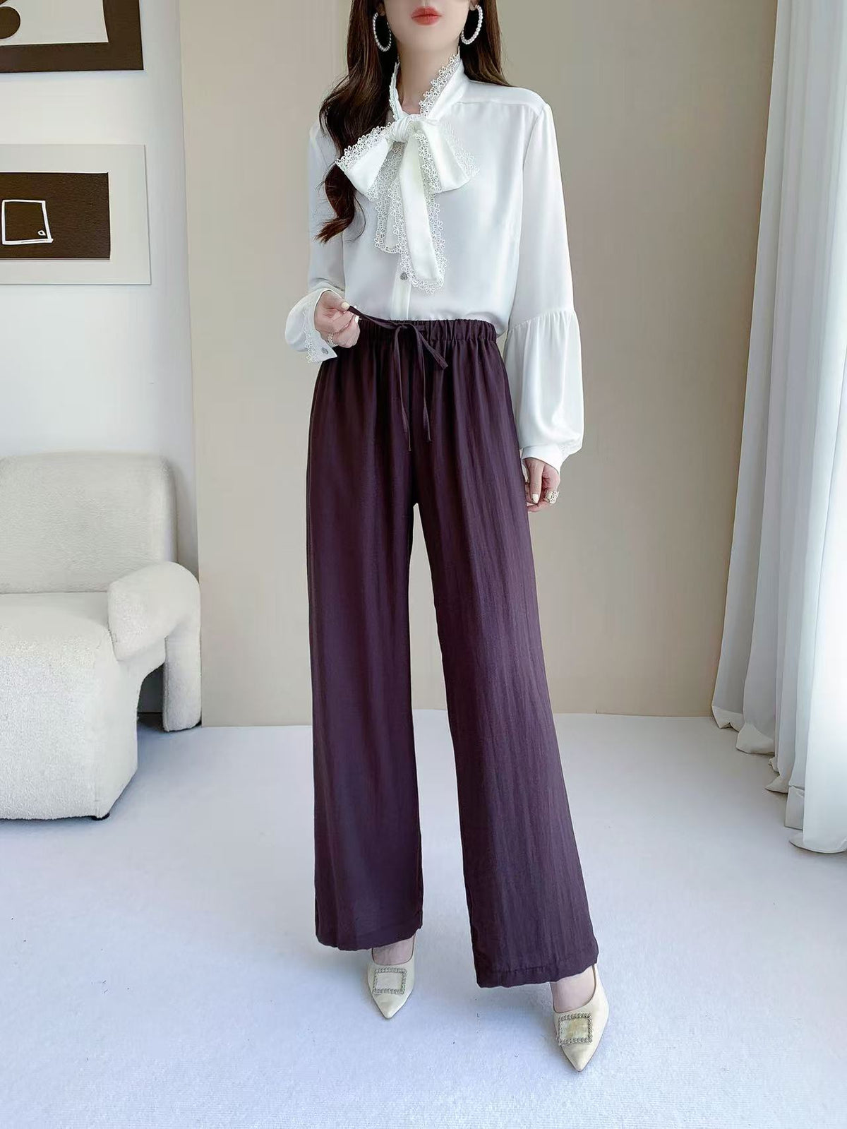 Wide Leg Drawstring Pants (L-25826)