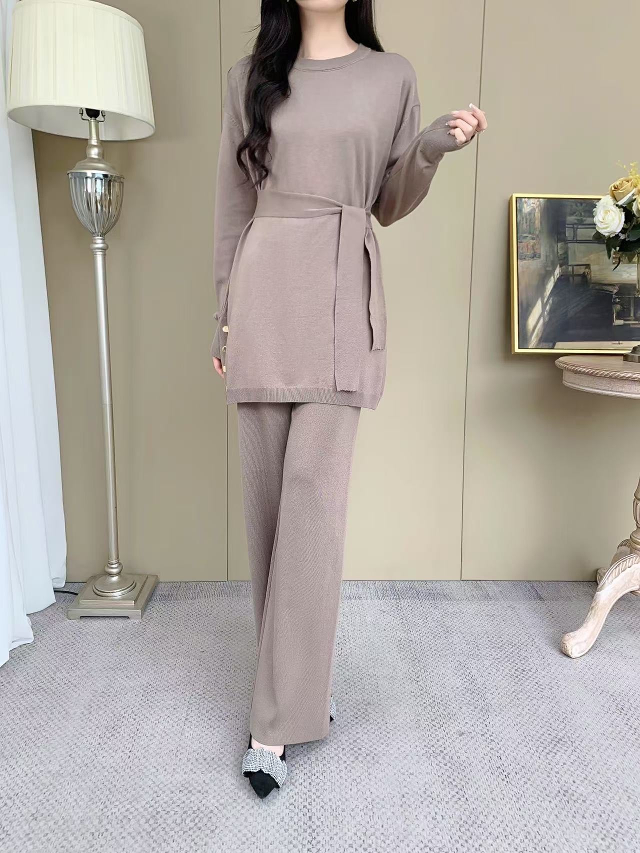 Knit Sleeve Sweater with Gold Button (L-20085D) with Knit Pants ( L-23906)