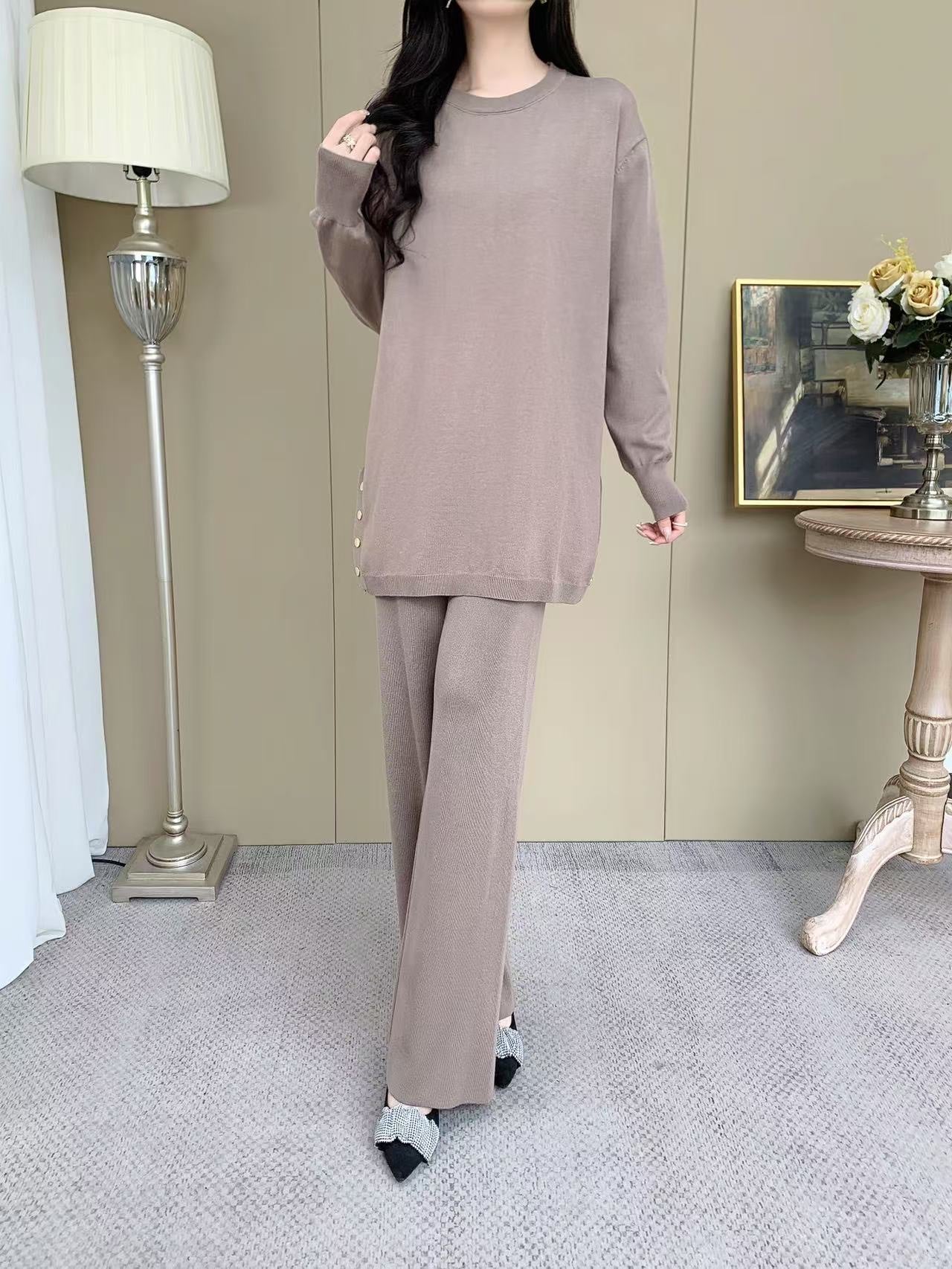 Knit Sleeve Sweater with Gold Button (L-20085D) with Knit Pants ( L-23906)