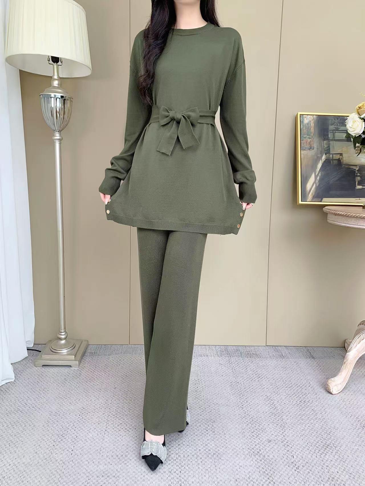 Knit Sleeve Sweater with Gold Button (L-20085D) with Knit Pants ( L-23906)