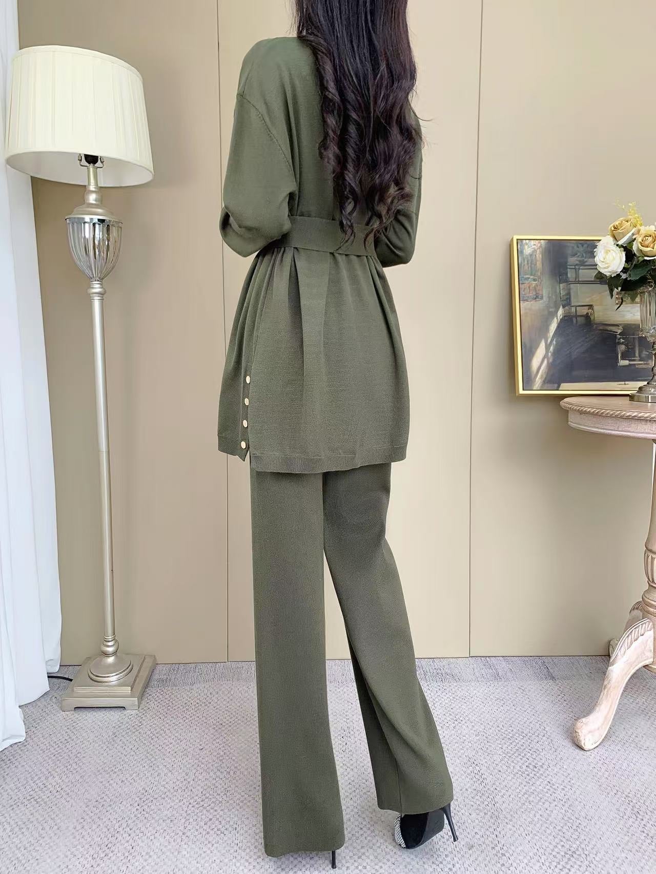 Knit Sleeve Sweater with Gold Button (L-20085D) with Knit Pants ( L-23906)