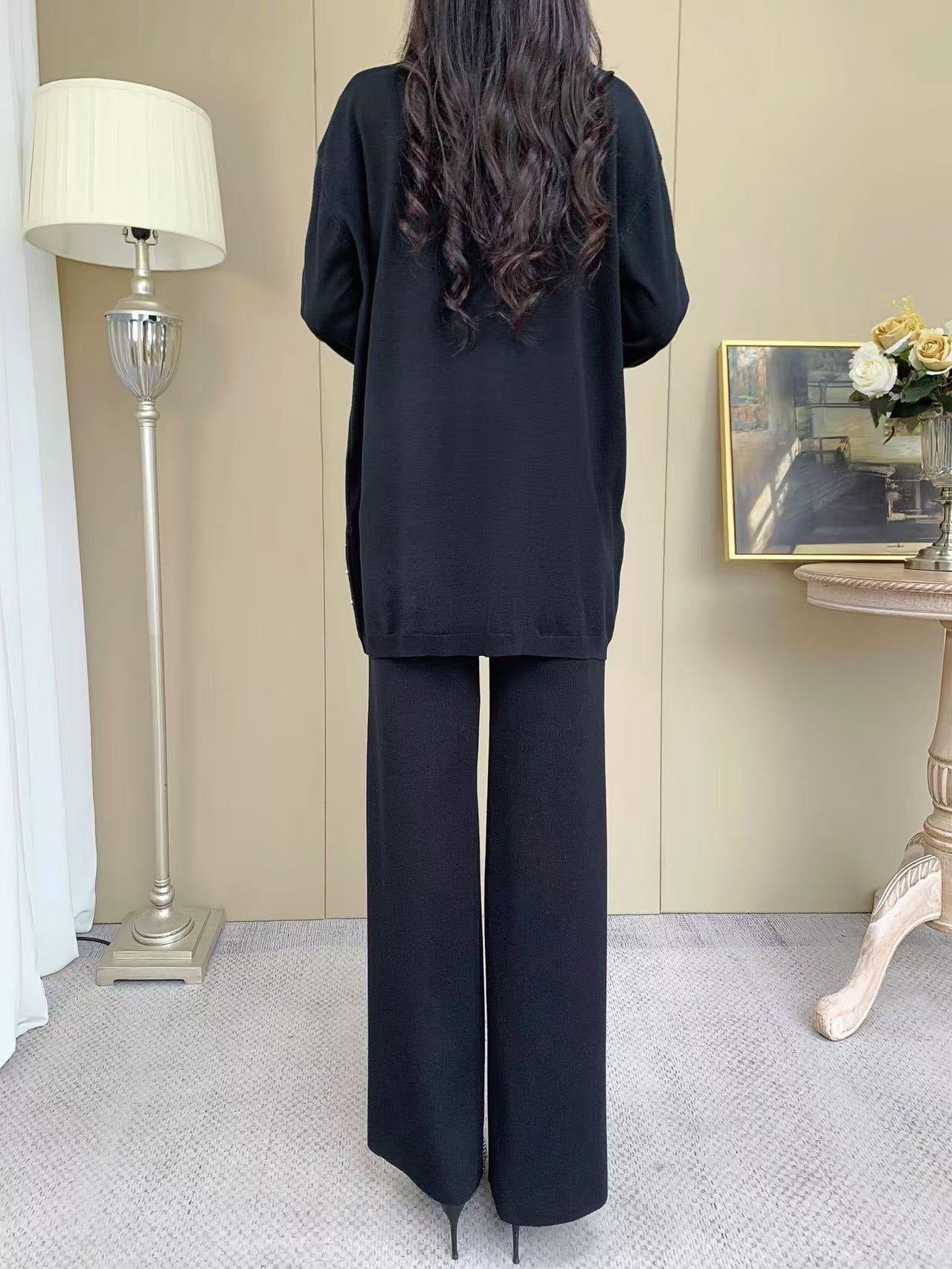 Knit Sleeve Sweater with Gold Button (L-20085D) with Knit Pants ( L-23906)