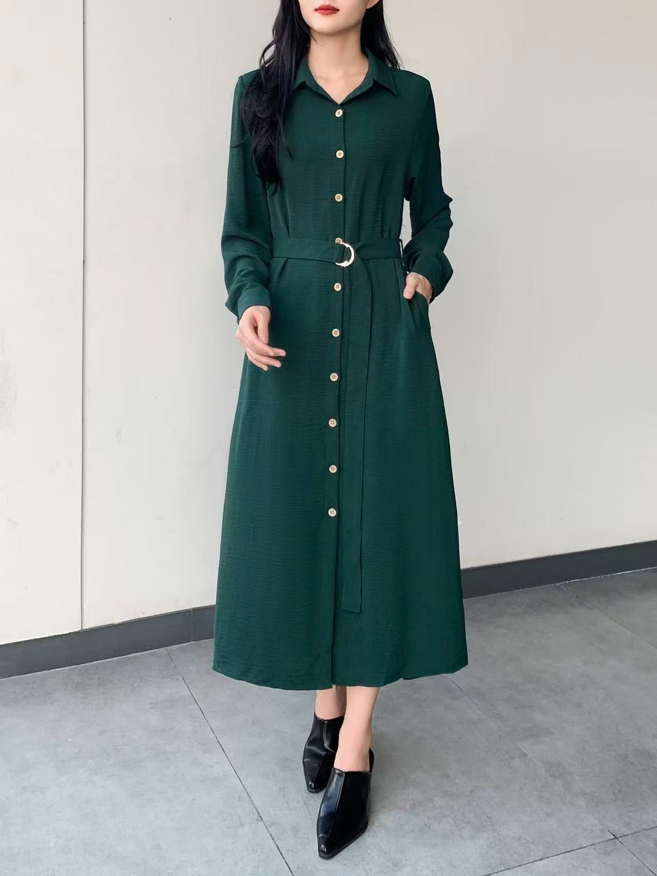 Collared Button Maxi Dress With Pockets