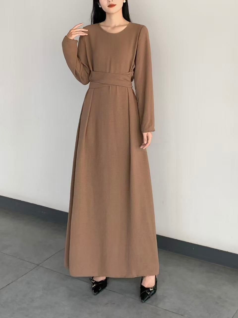 Long Sleeve Belted Maxi Dress