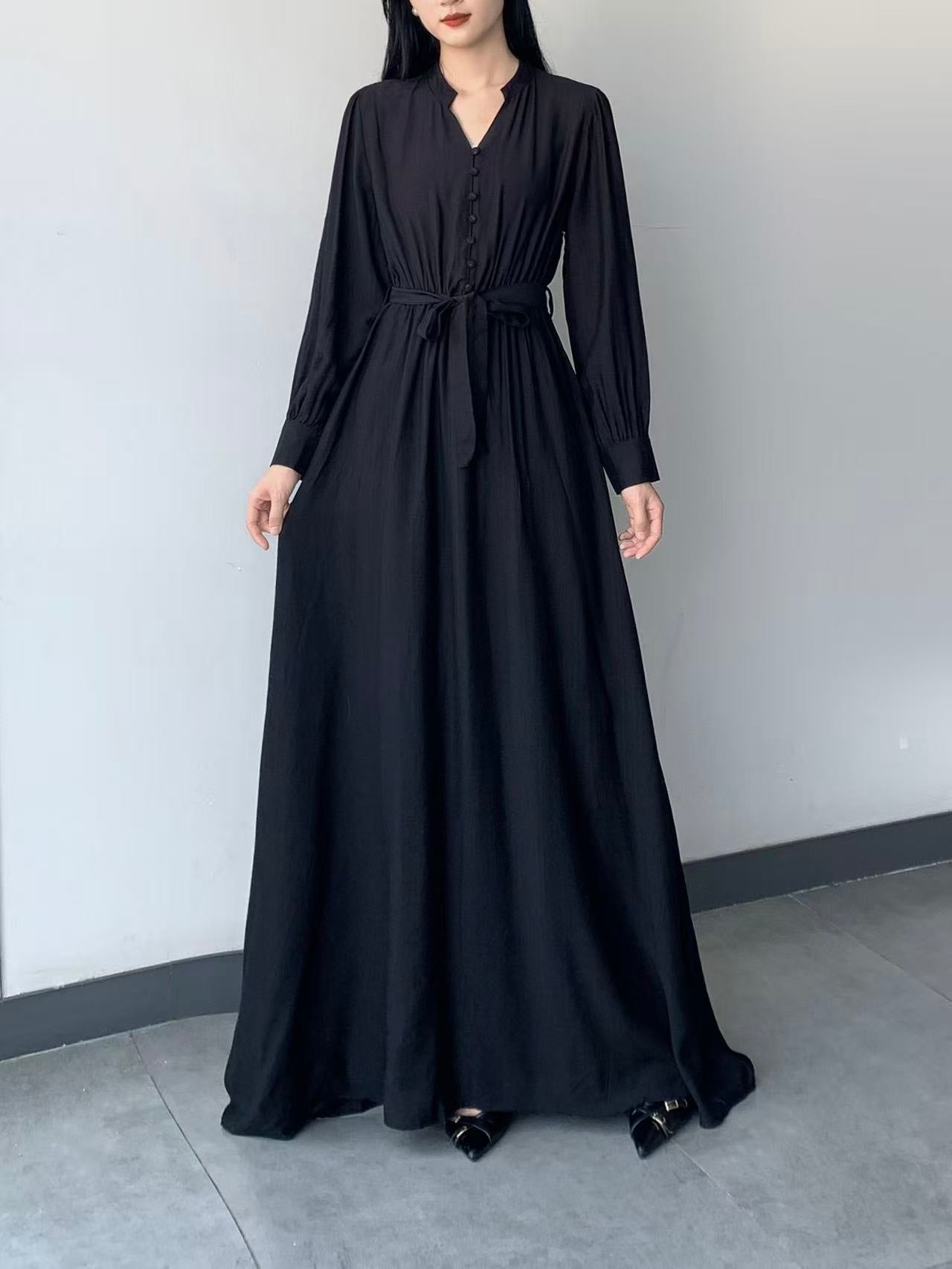 Button-Front Tie-Waist Long dress