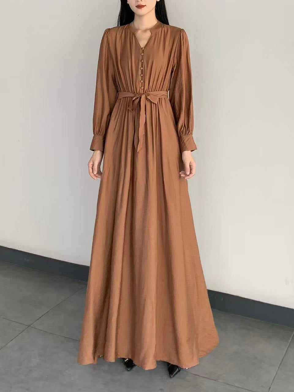 Button-Front Tie-Waist Long dress