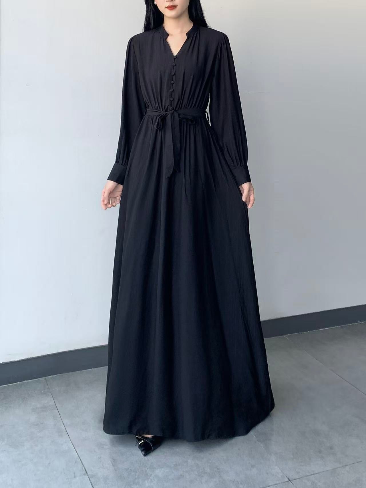 Button-Front Tie-Waist Long dress