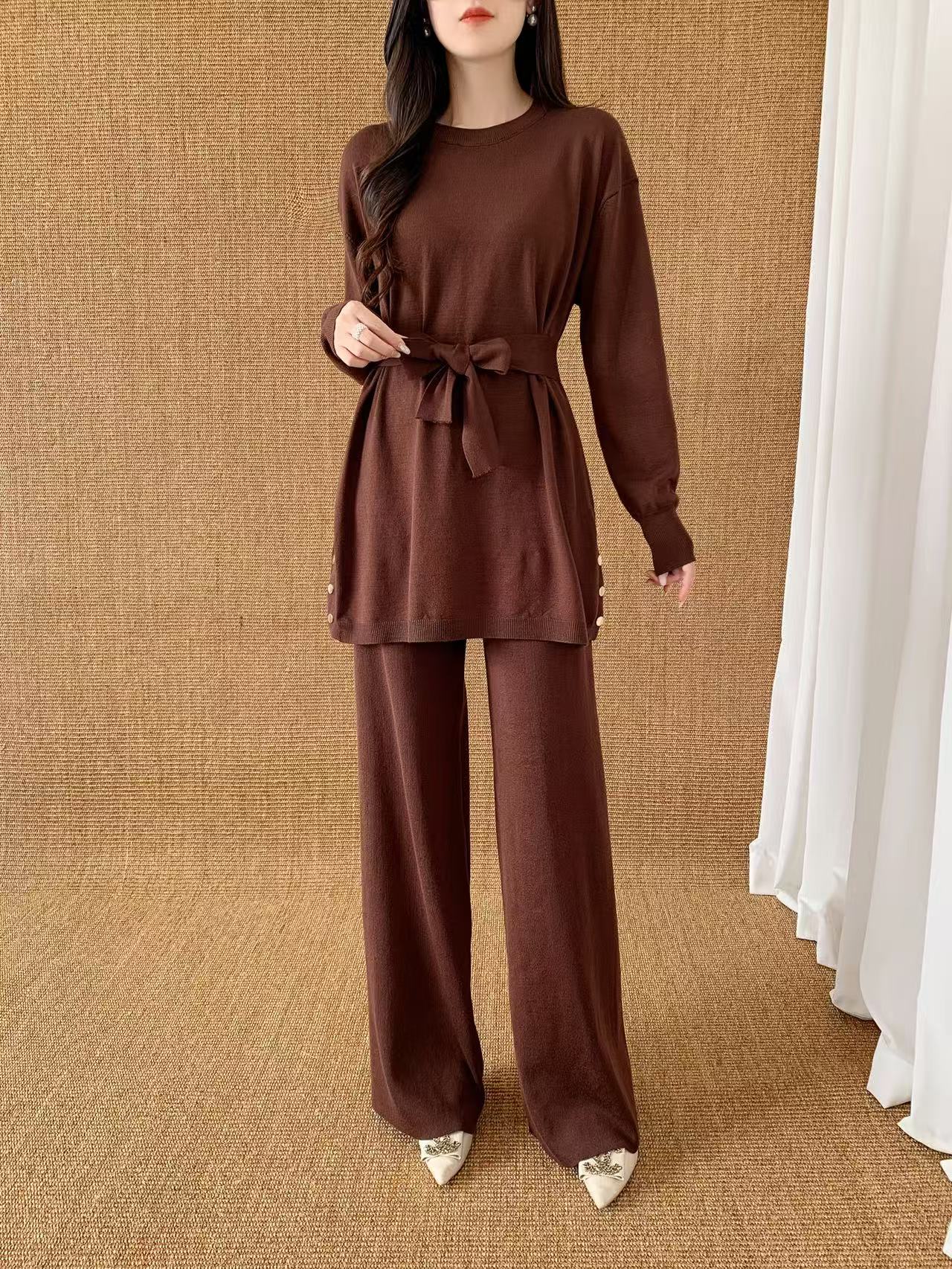 Knit Sleeve Sweater with Gold Button (L-20085D) with Knit Pants ( L-23906)