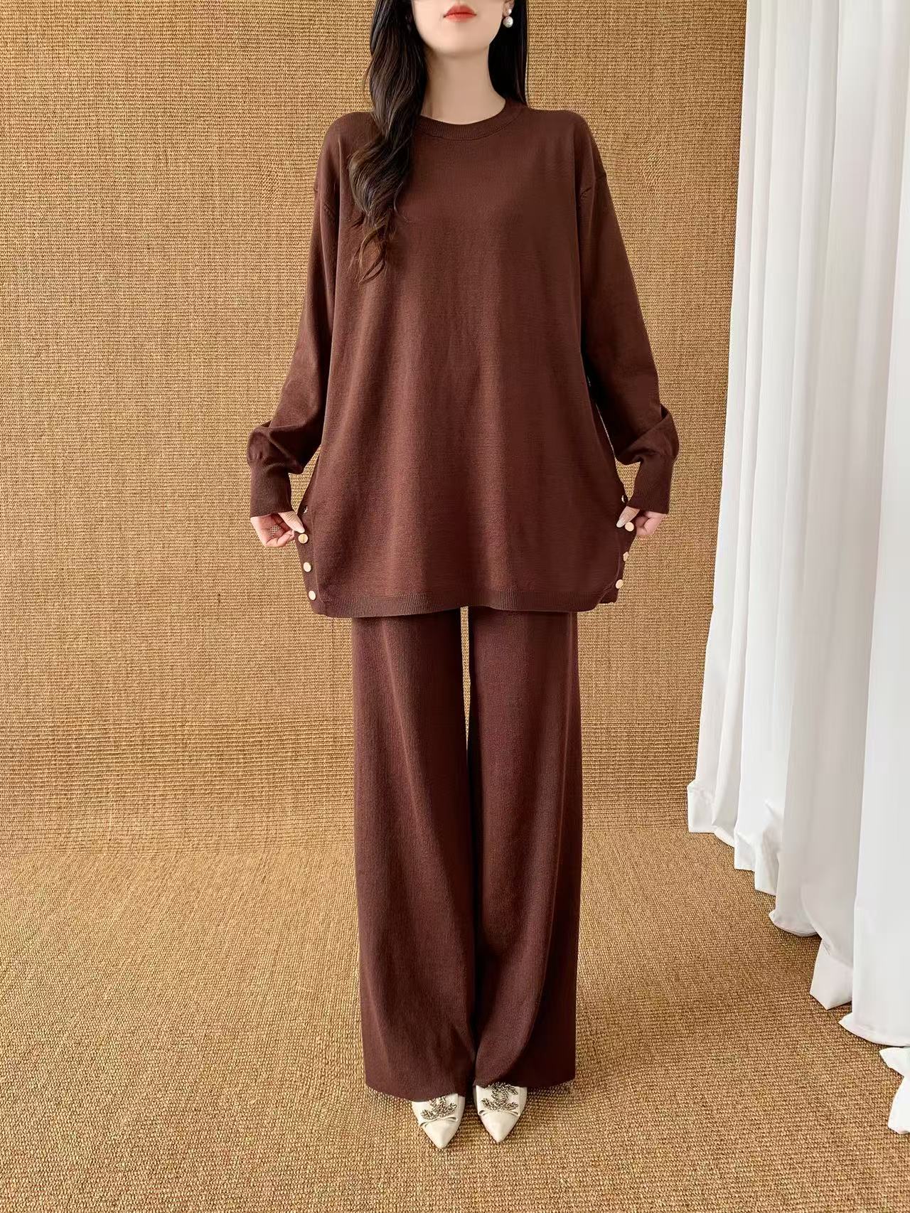 Knit Sleeve Sweater with Gold Button (L-20085D) with Knit Pants ( L-23906)