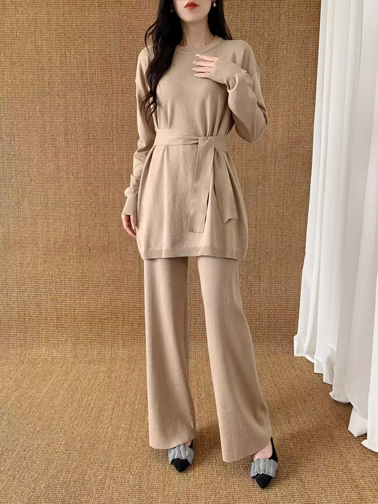 Knit Sleeve Sweater with Gold Button (L-20085D) with Knit Pants ( L-23906)