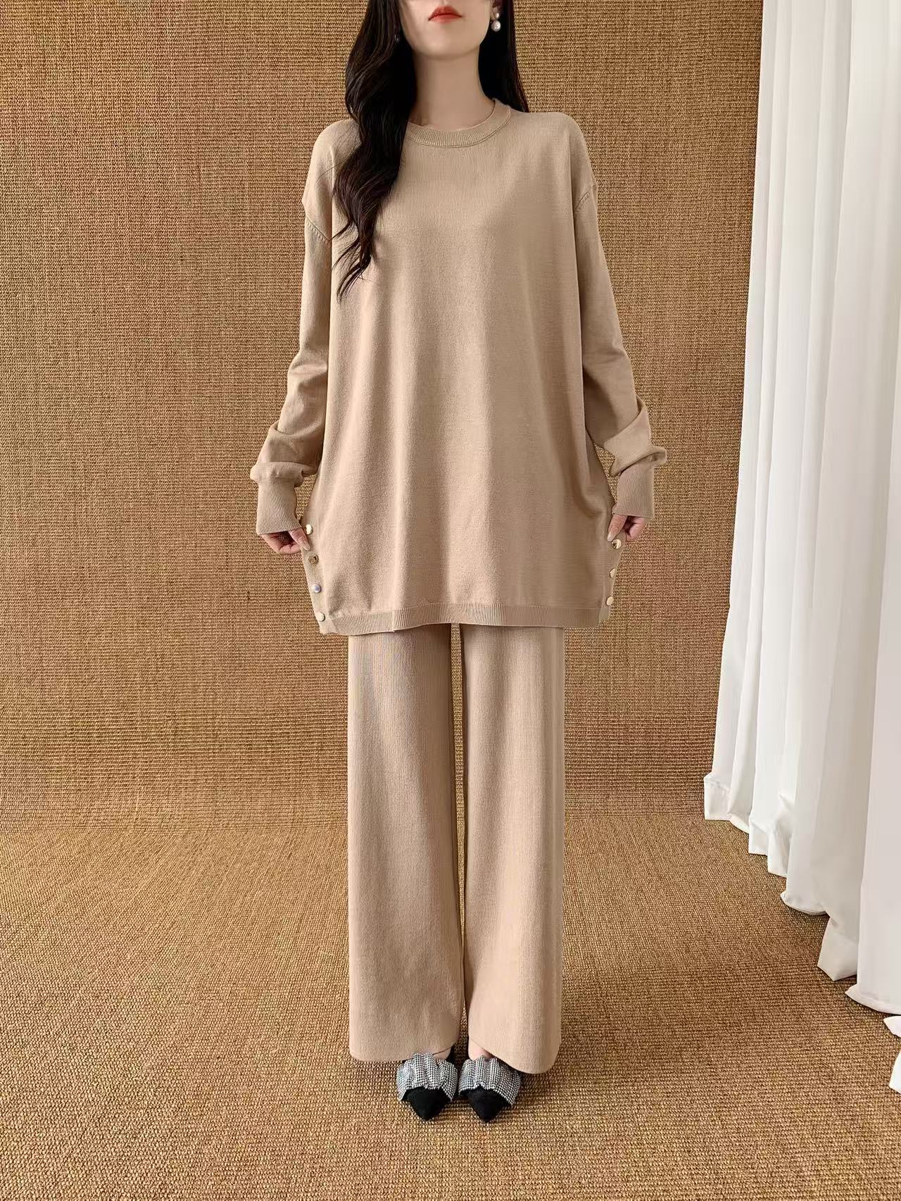 Knit Sleeve Sweater with Gold Button (L-20085D) with Knit Pants ( L-23906)