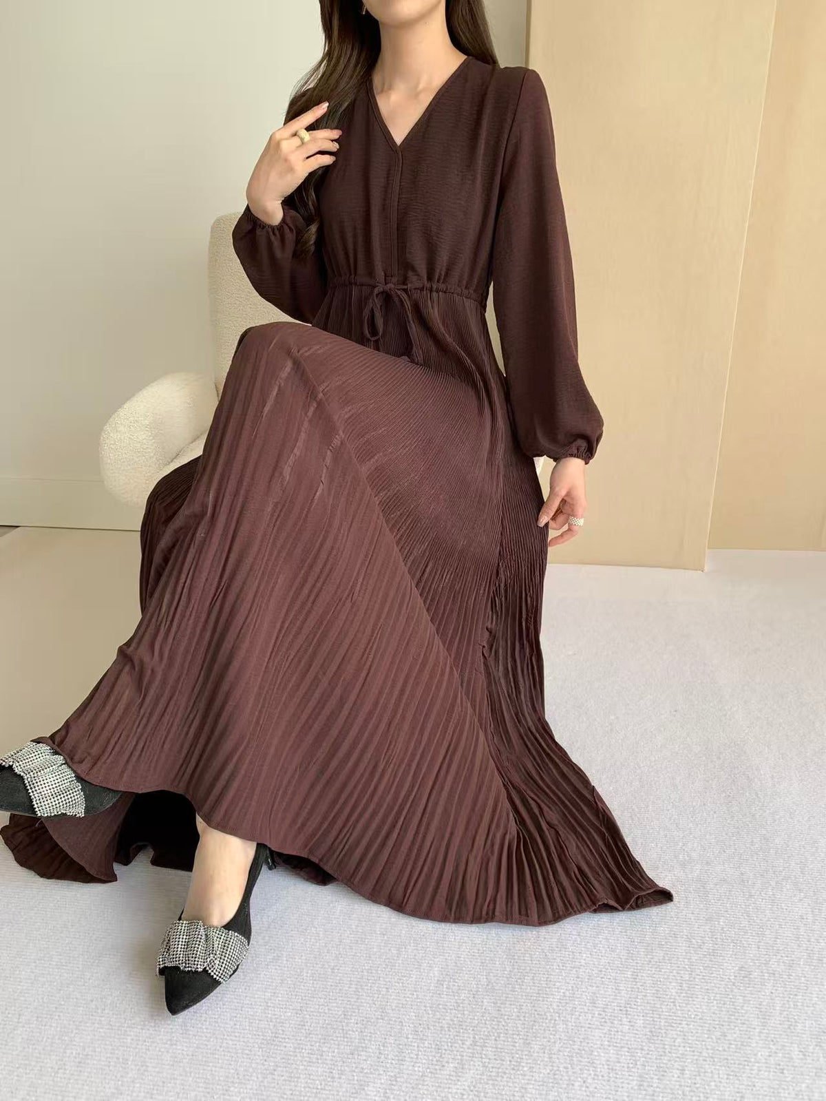 Pleated Maxi Dress  (L-20061-1)