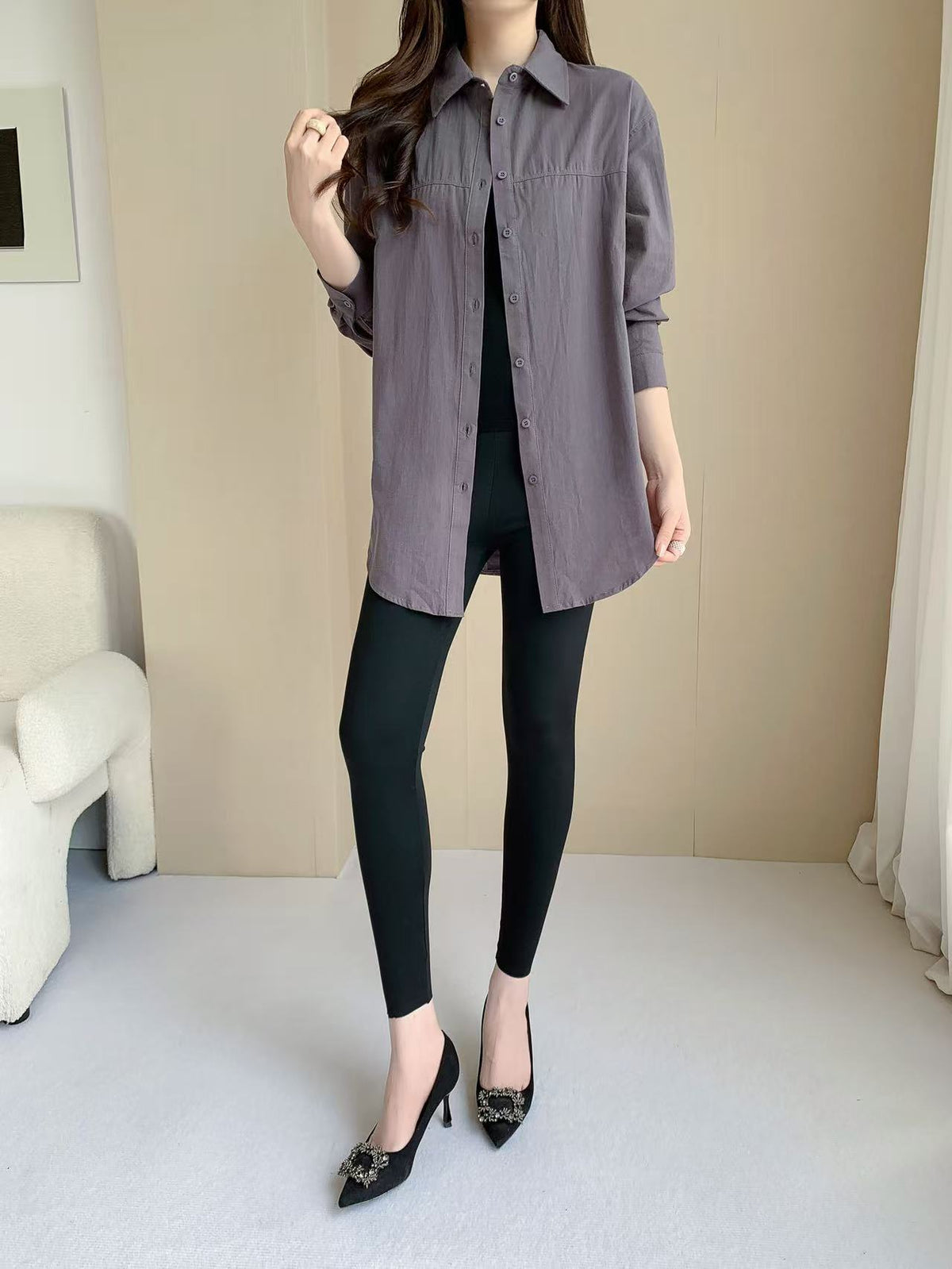 Linen cotton Long sleeve top(L-25828)