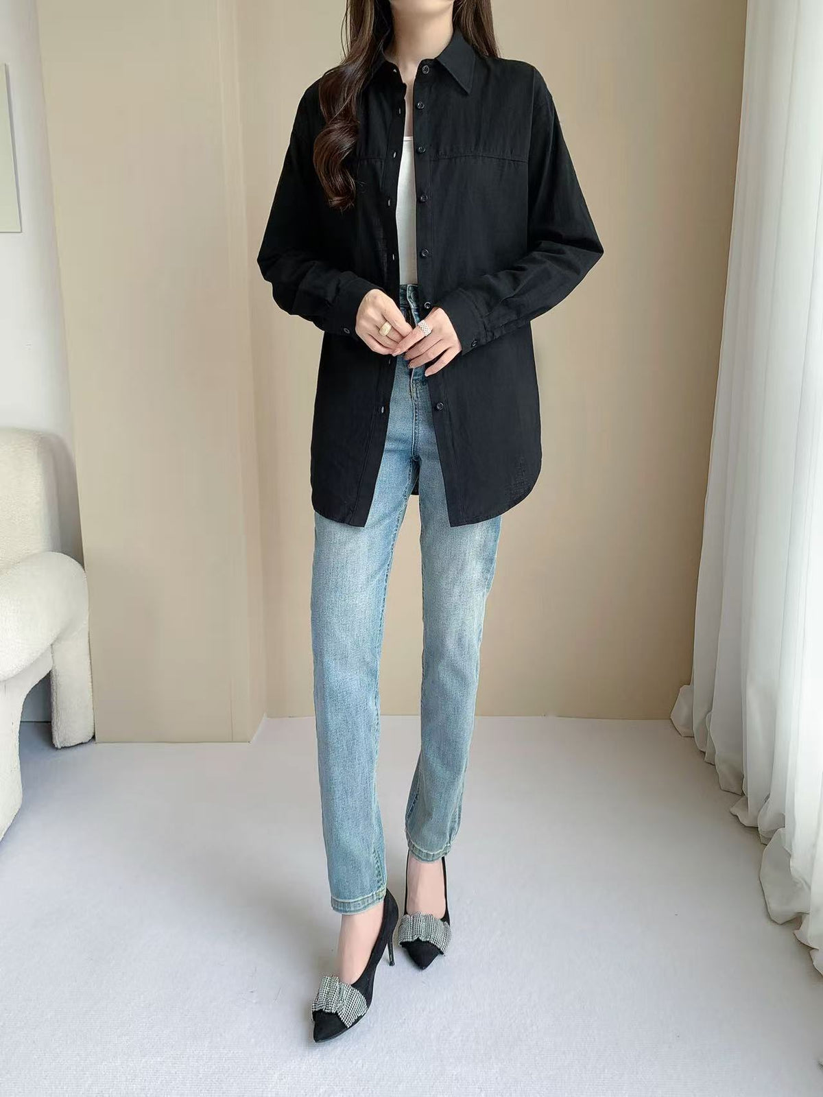 Linen cotton Long sleeve top(L-25828)