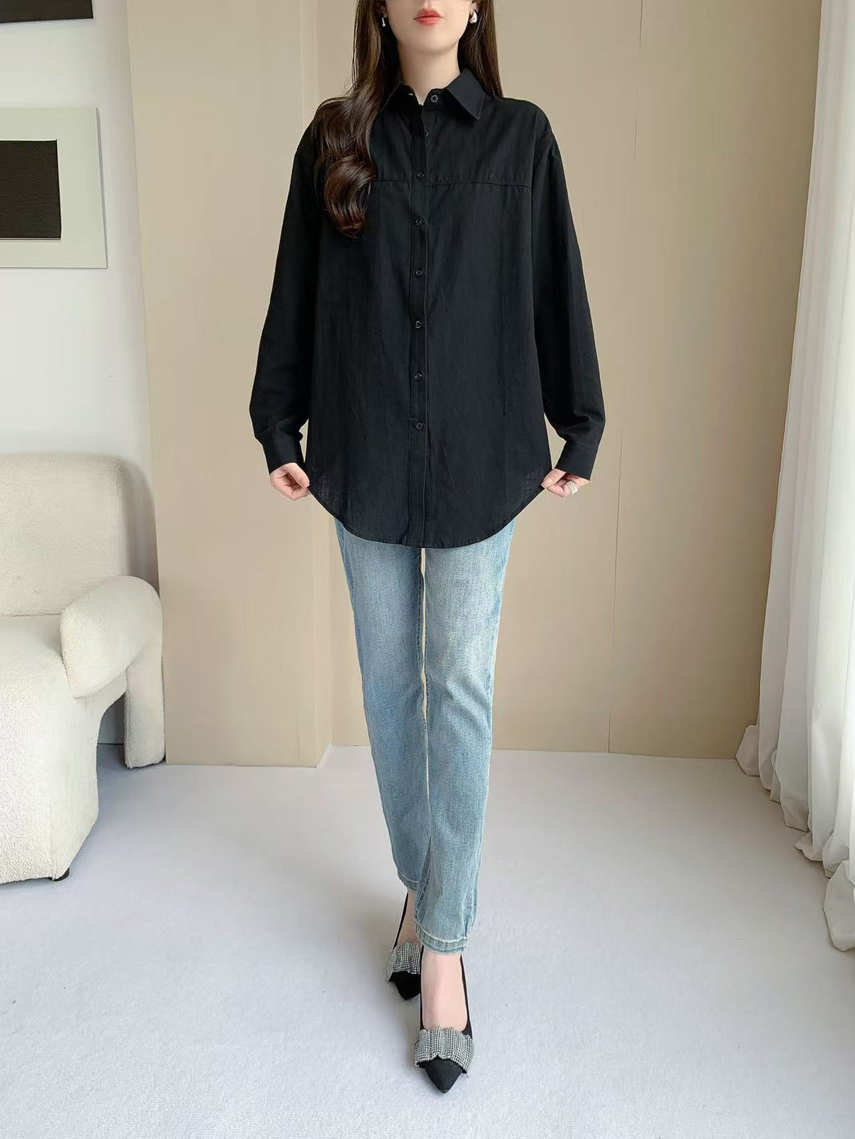 Linen cotton Long sleeve top(L-25828)