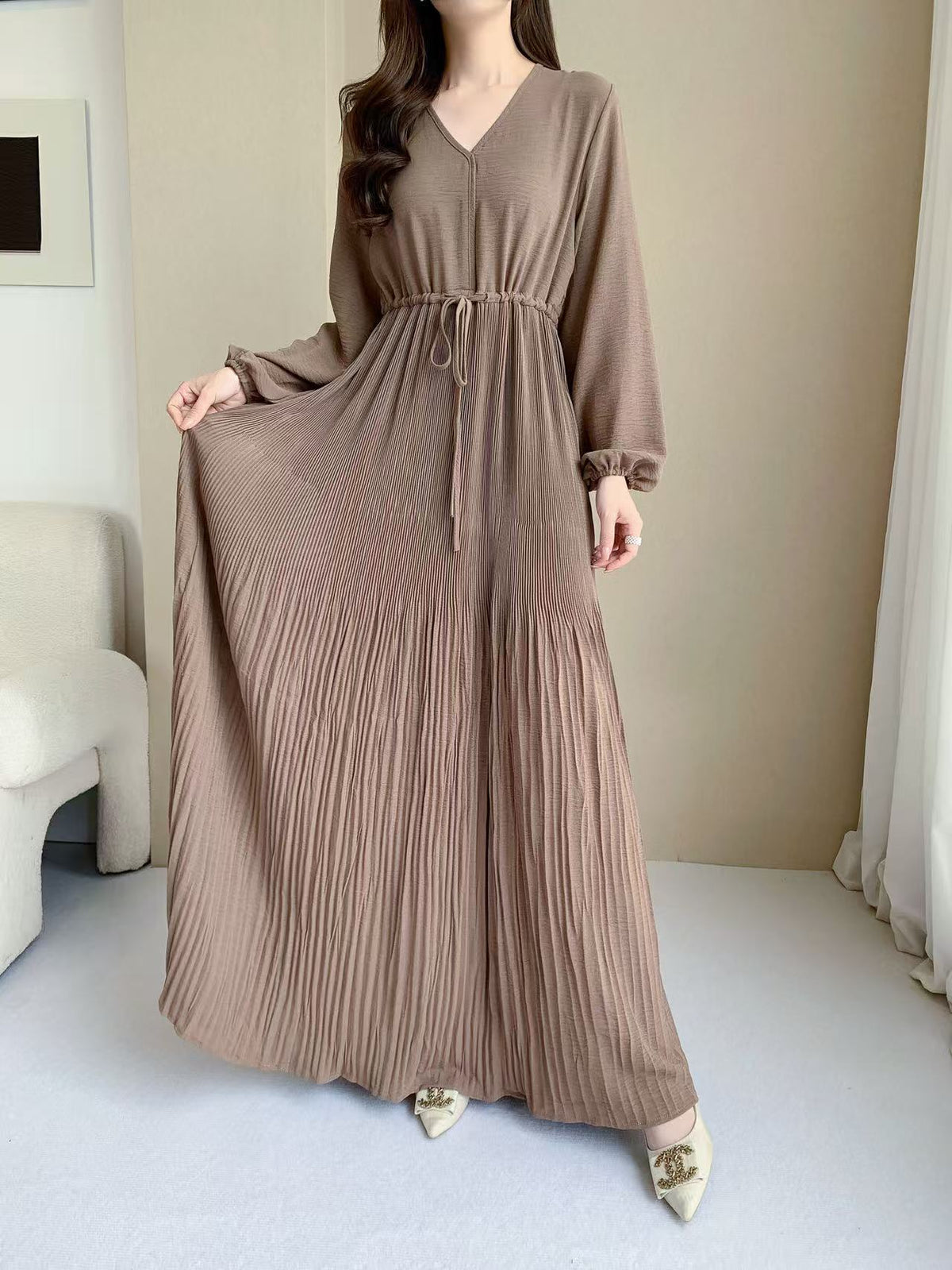 Pleated Maxi Dress  (L-20061-1)