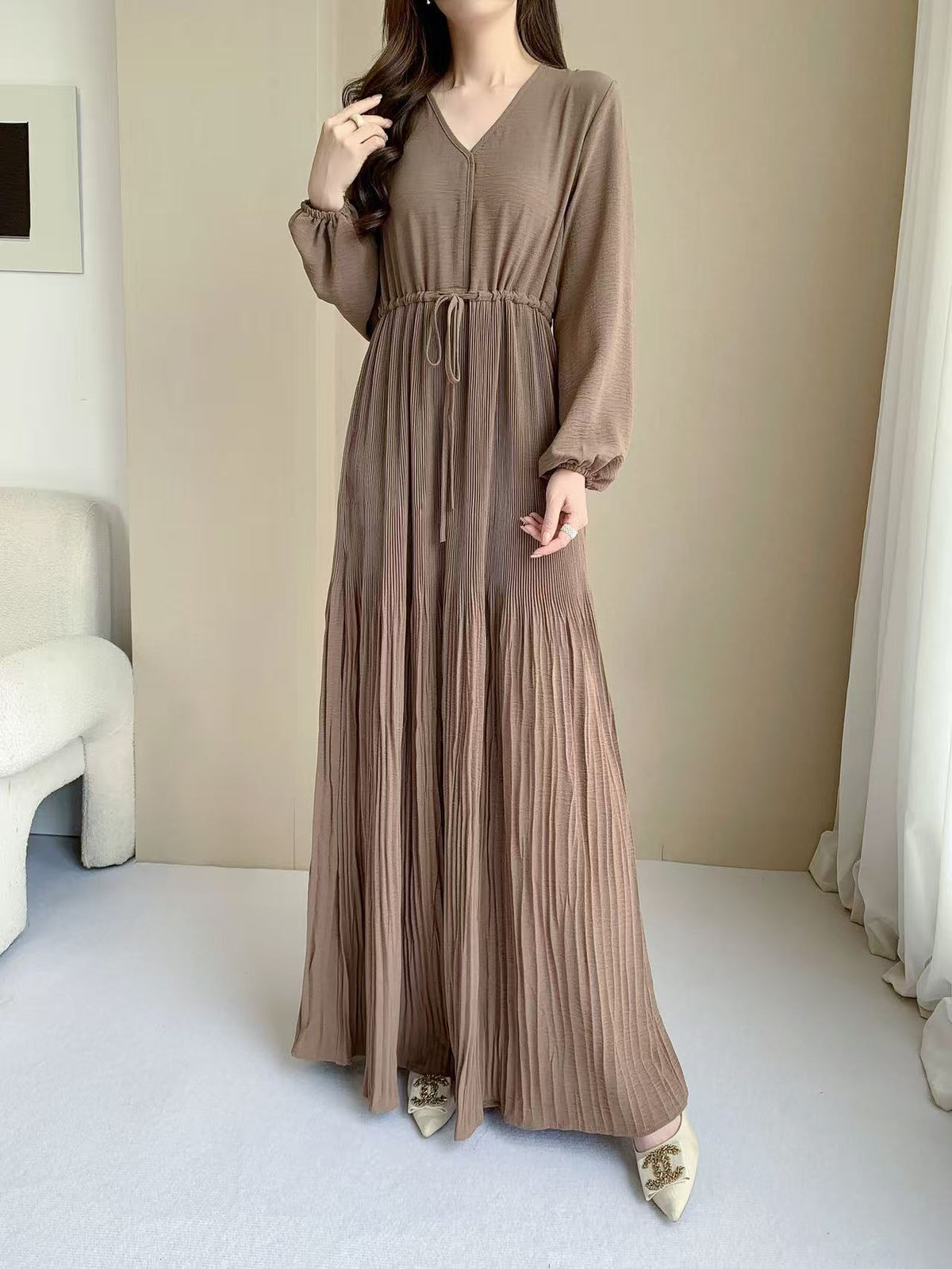 Pleated Maxi Dress  (L-20061-1)