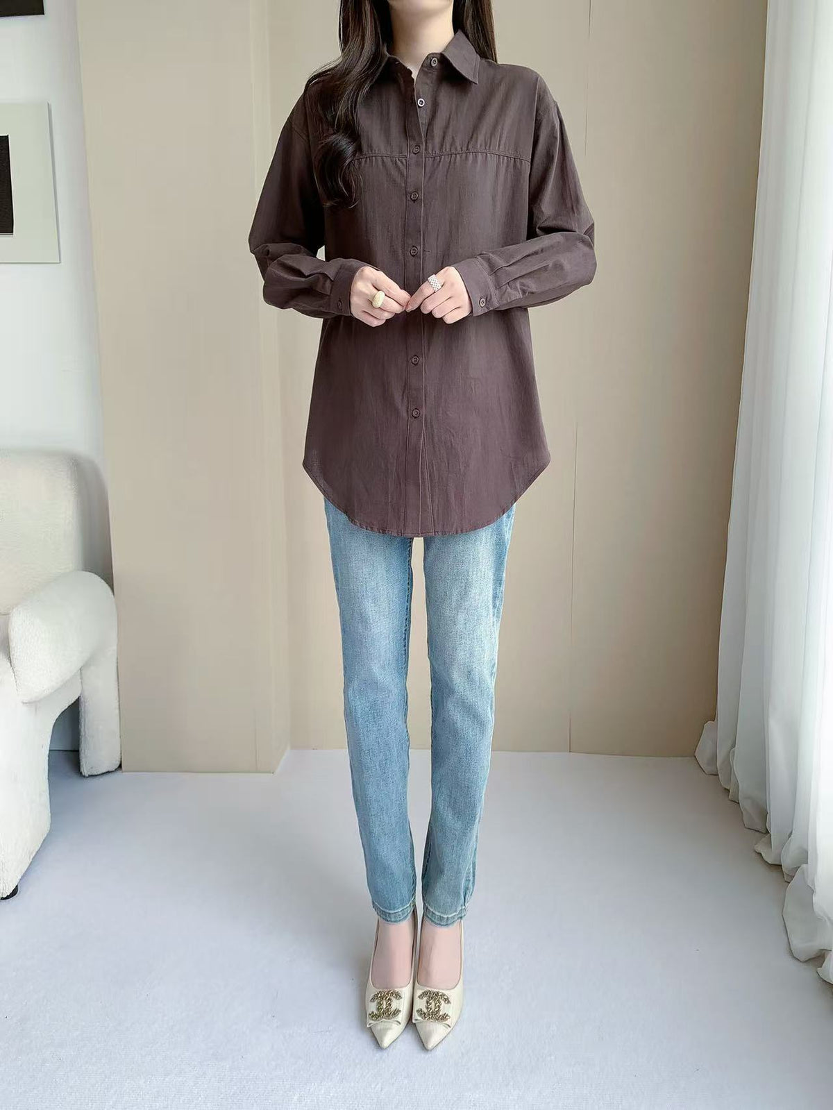 Linen cotton Long sleeve top(L-25828)