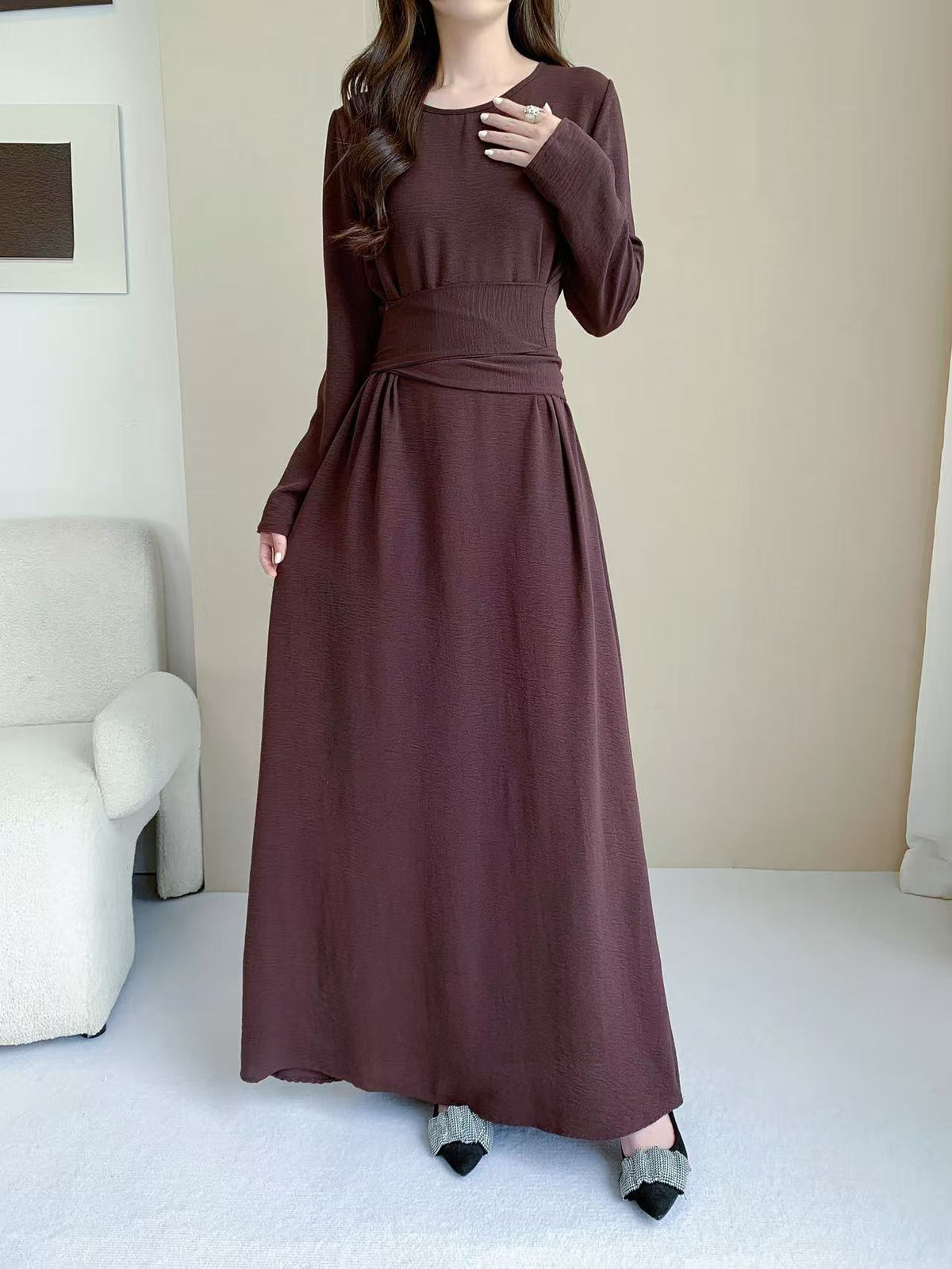 Long Sleeve Belted Maxi Dress
