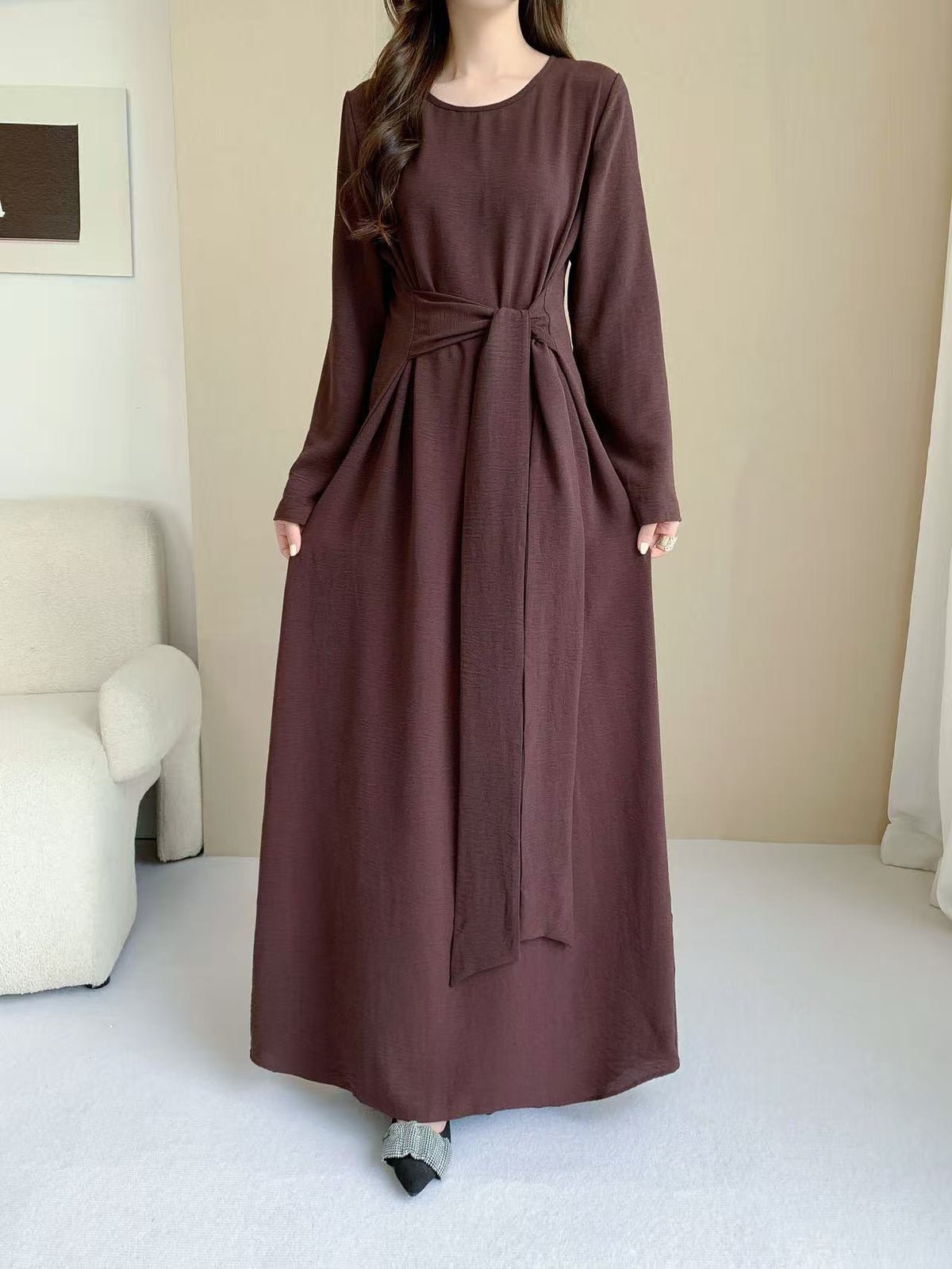 Long Sleeve Belted Maxi Dress