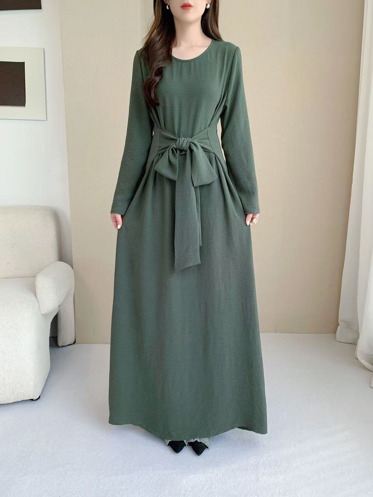 Long Sleeve Belted Maxi Dress