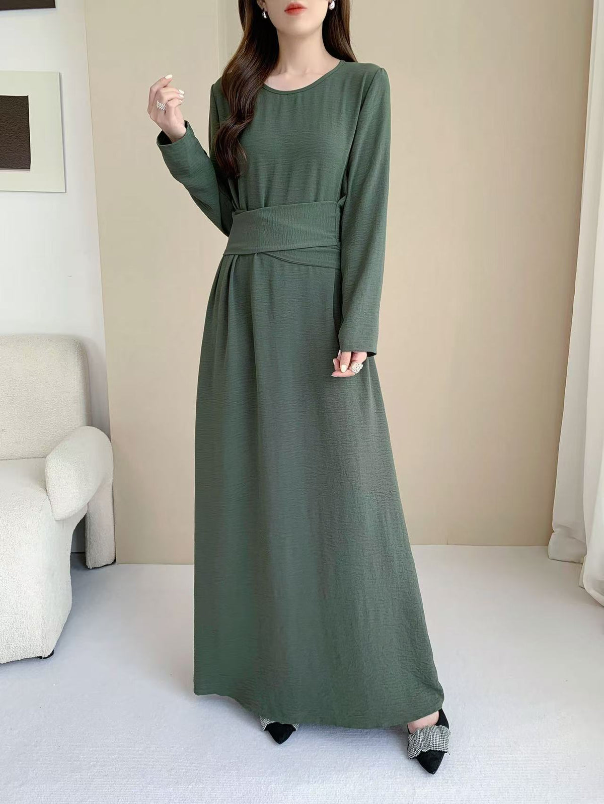 Long Sleeve Belted Maxi Dress