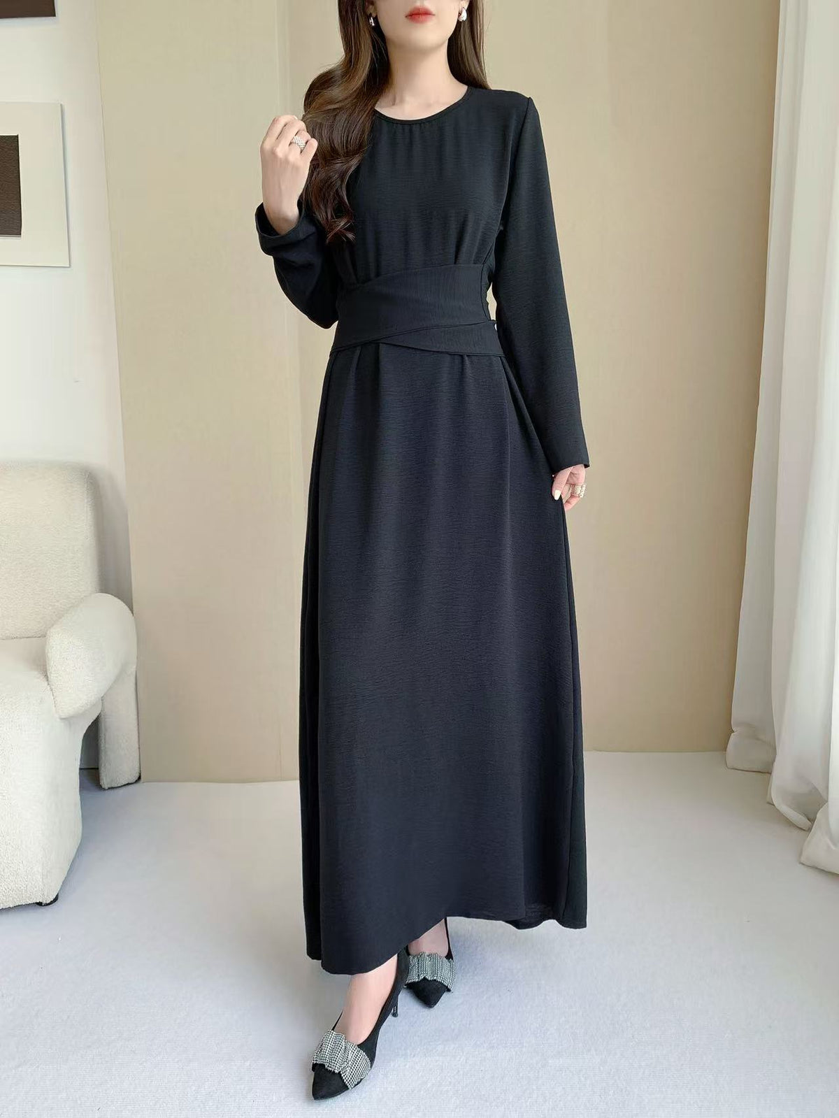 Long Sleeve Belted Maxi Dress