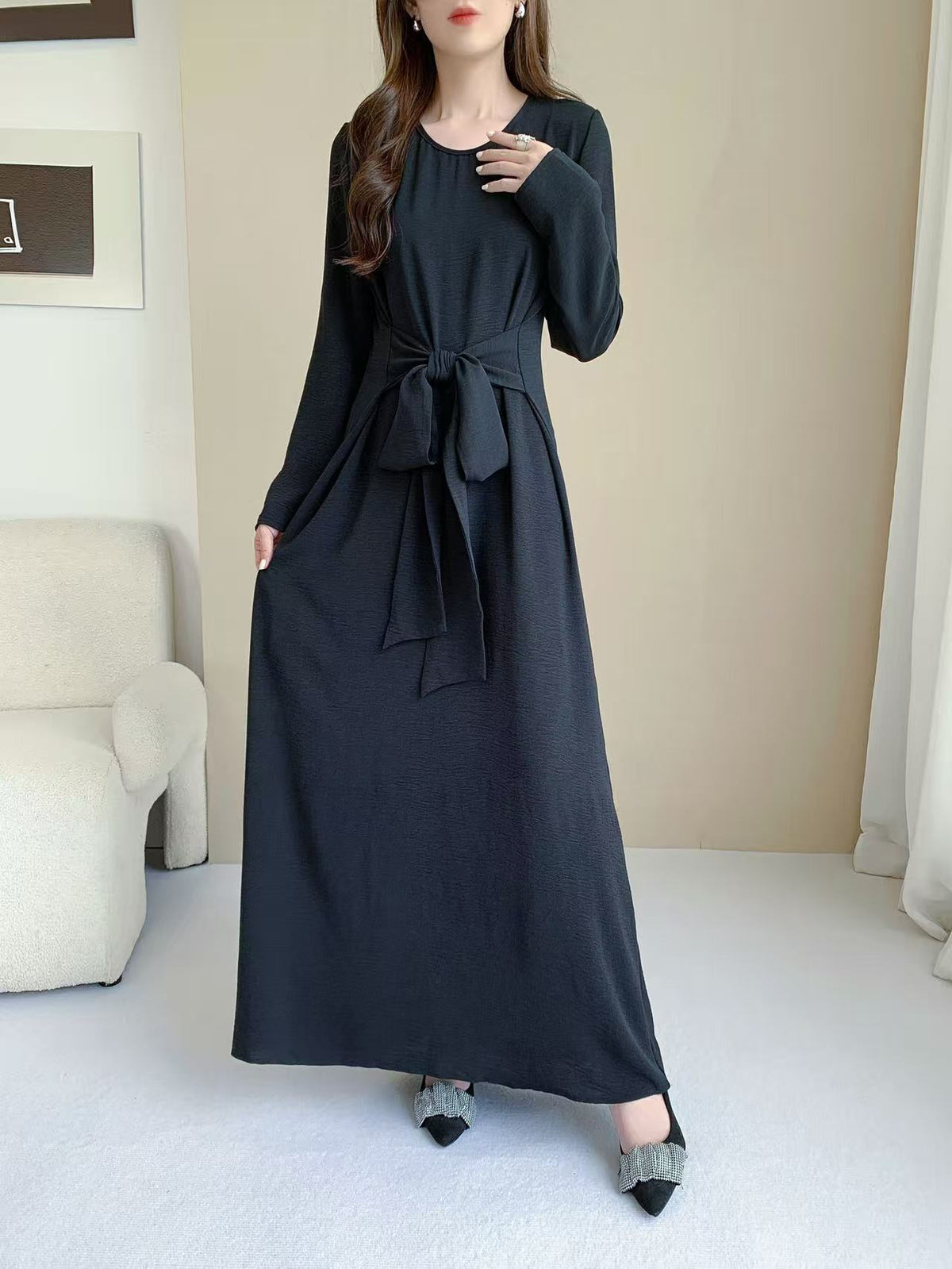 Long Sleeve Belted Maxi Dress