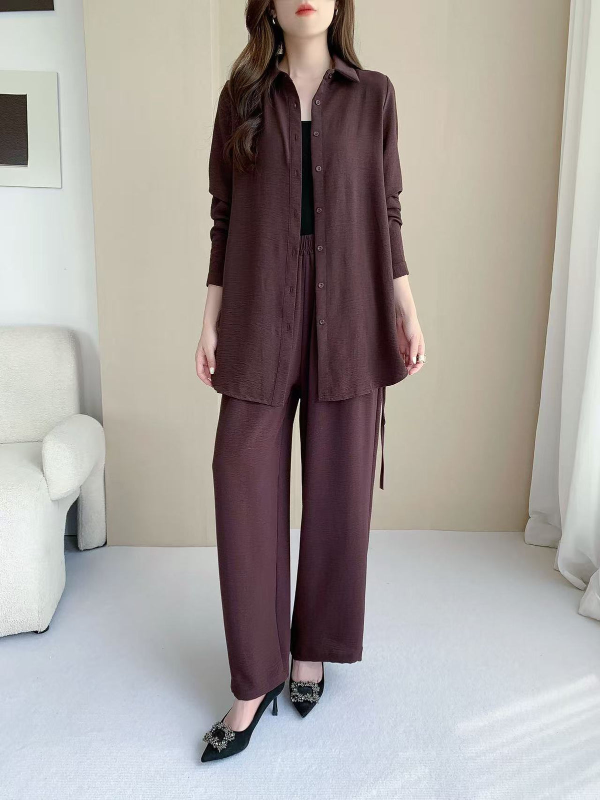 Stripped Longline Blouse (Top Only) (L-231206) & Pants L-6810B)