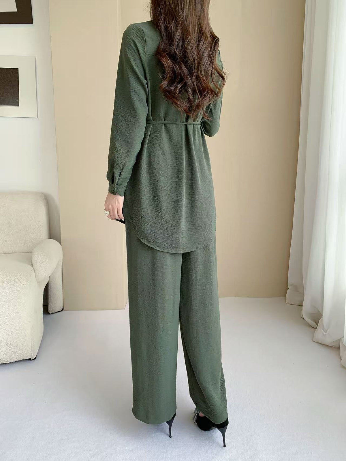 Stripped Longline Blouse (Top Only) (L-231206) & Pants L-6810B)
