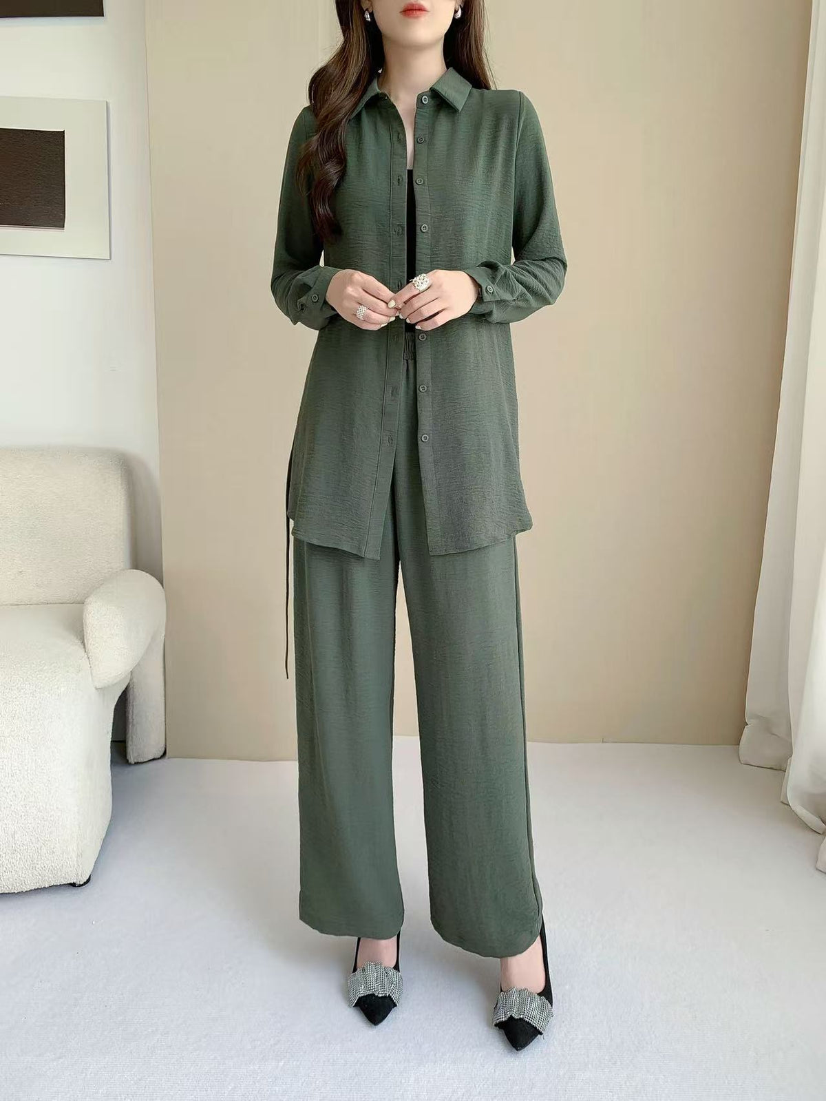 Stripped Longline Blouse (Top Only) (L-231206) & Pants L-6810B)