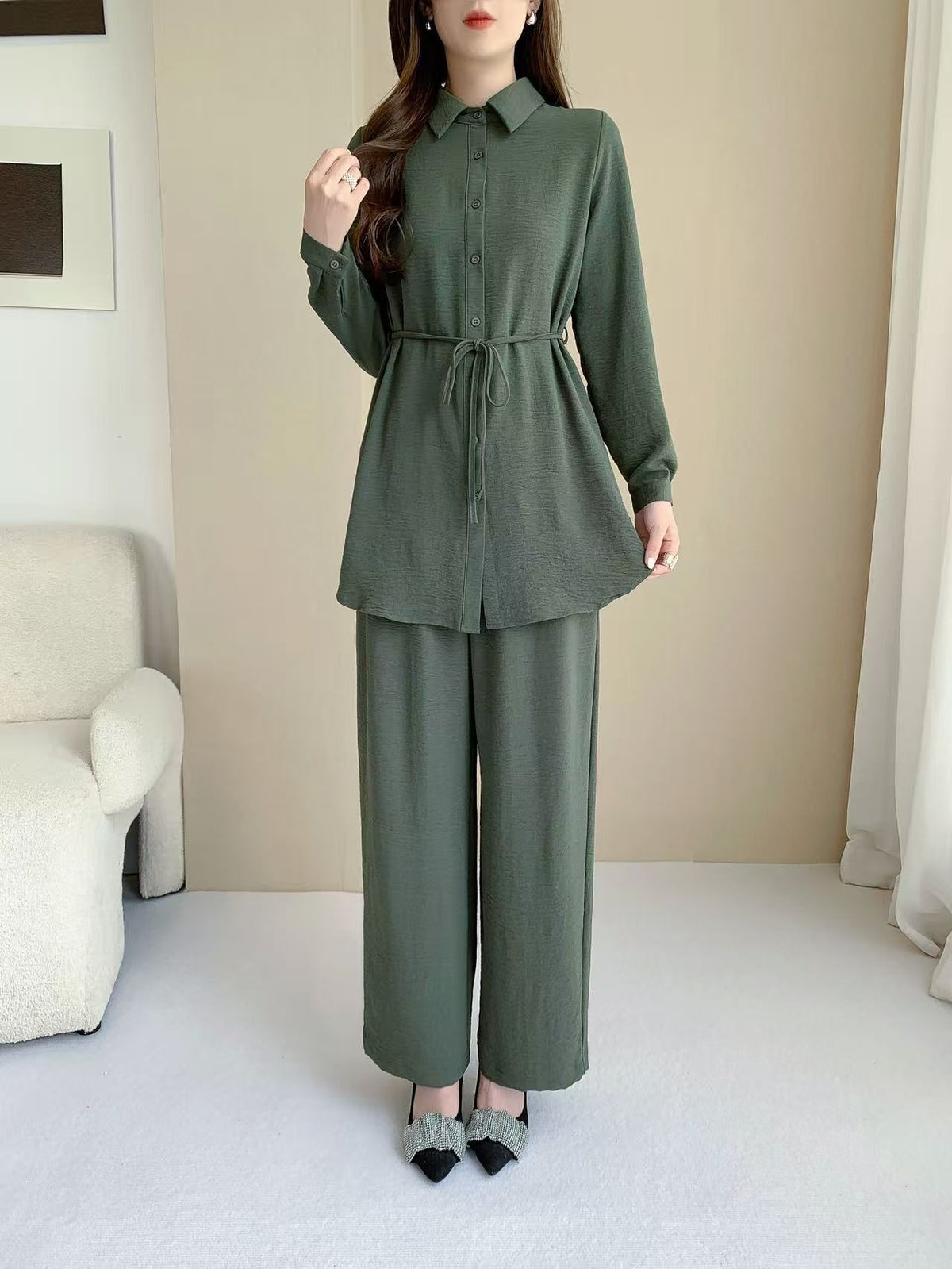 Stripped Longline Blouse (Top Only) (L-231206) & Pants L-6810B)