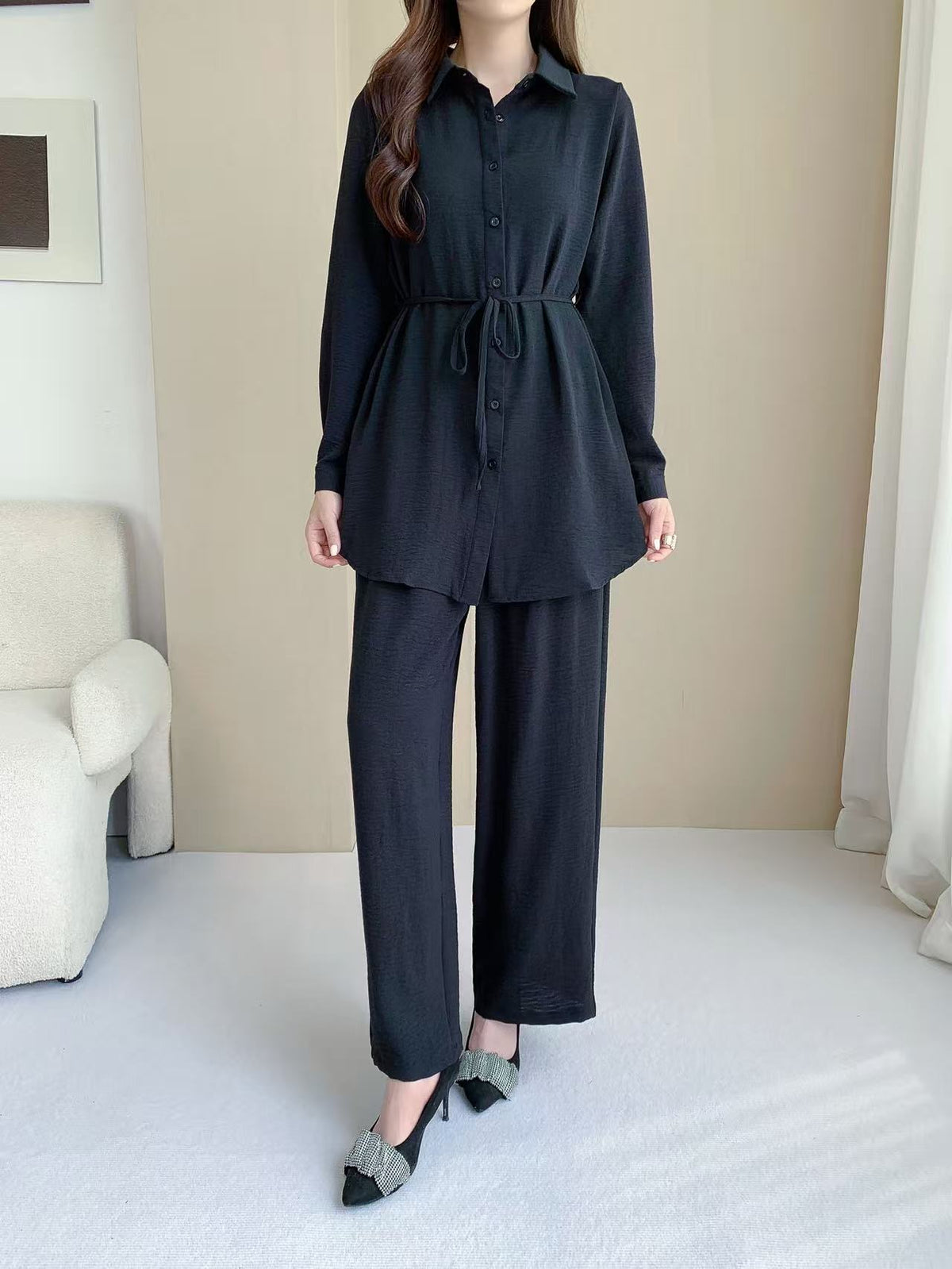 Stripped Longline Blouse (Top Only) (L-231206) & Pants L-6810B)