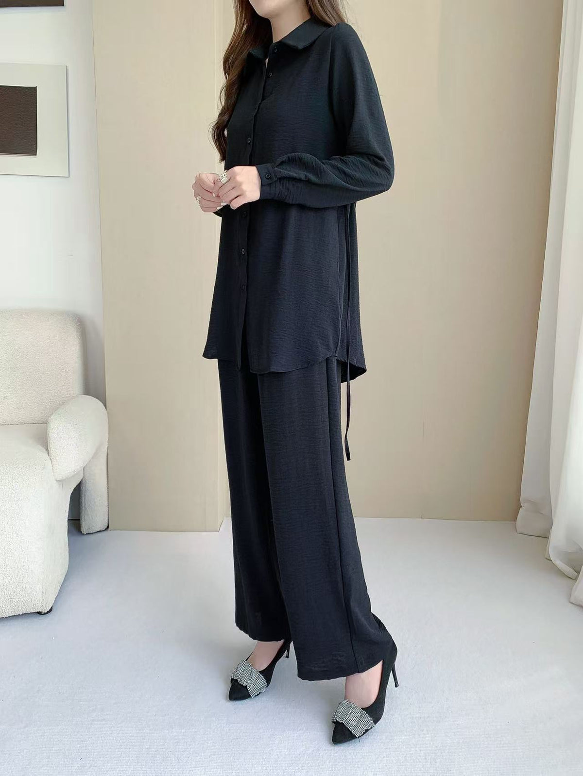 Stripped Longline Blouse (Top Only) (L-231206) & Pants L-6810B)