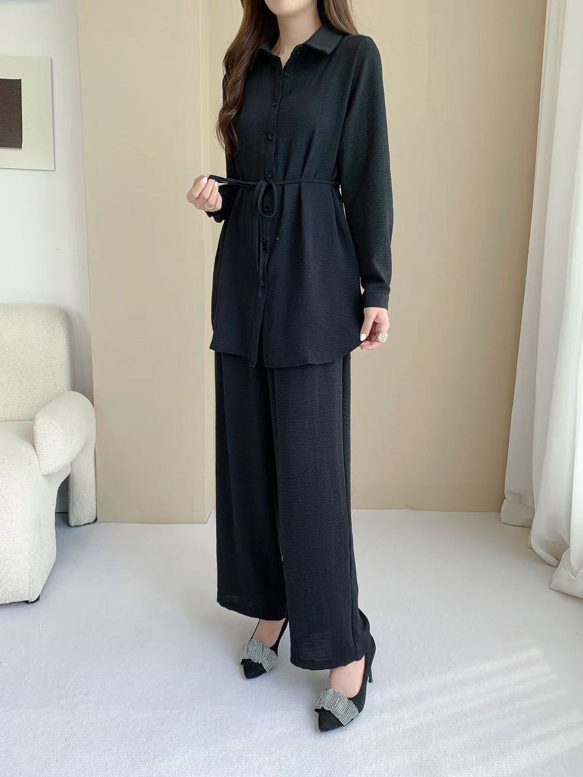 Stripped Longline Blouse (Top Only) (L-231206) & Pants L-6810B)