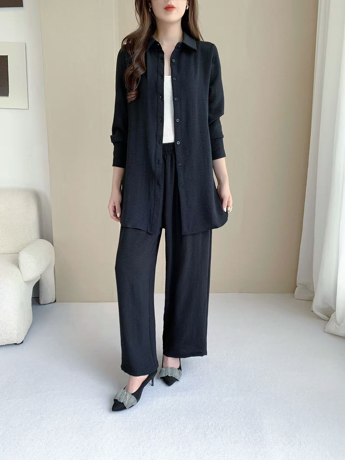 Stripped Longline Blouse (Top Only) (L-231206) & Pants L-6810B)
