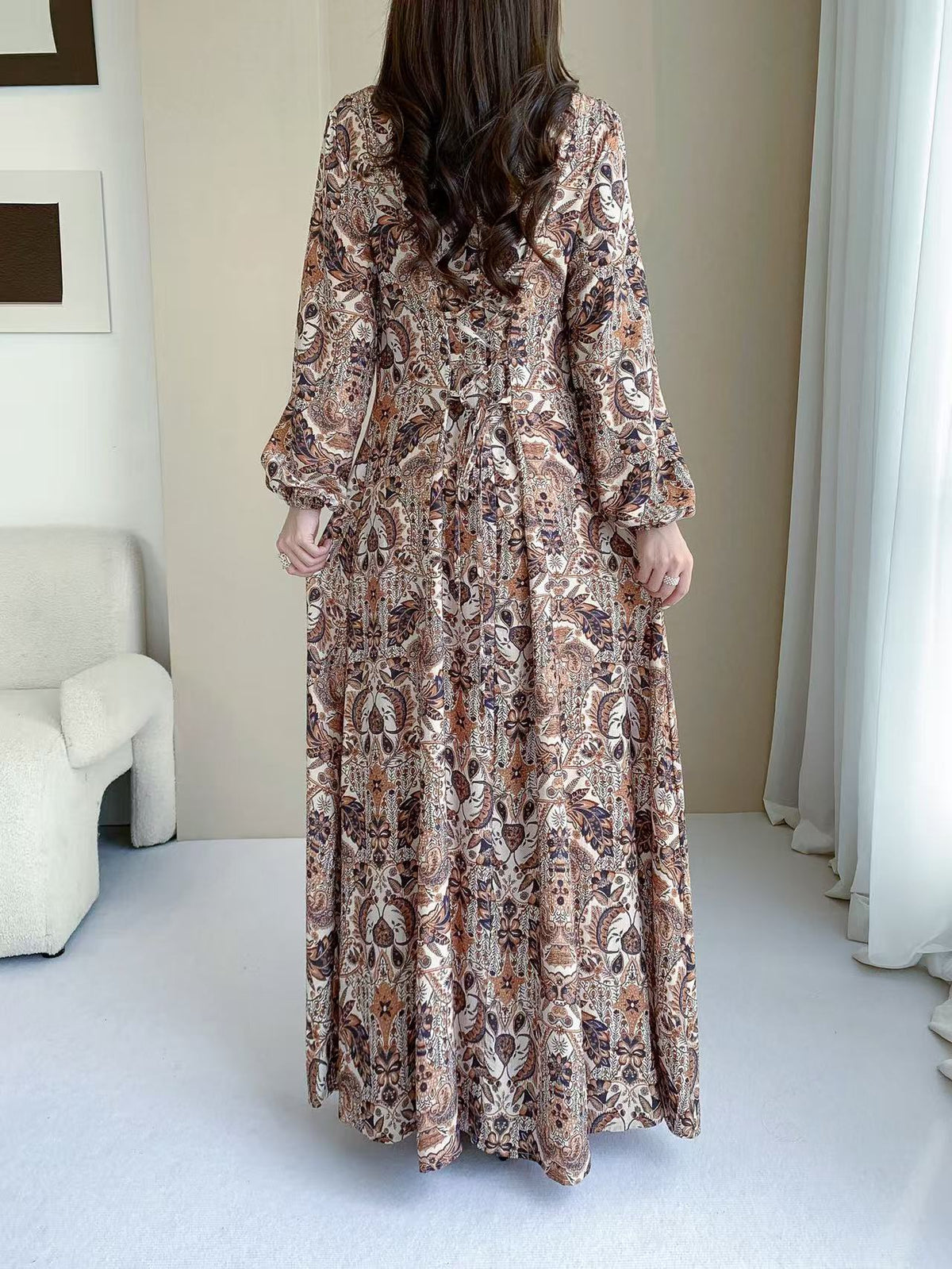 Retro Paisley Print Maxi Dress (L-26119)