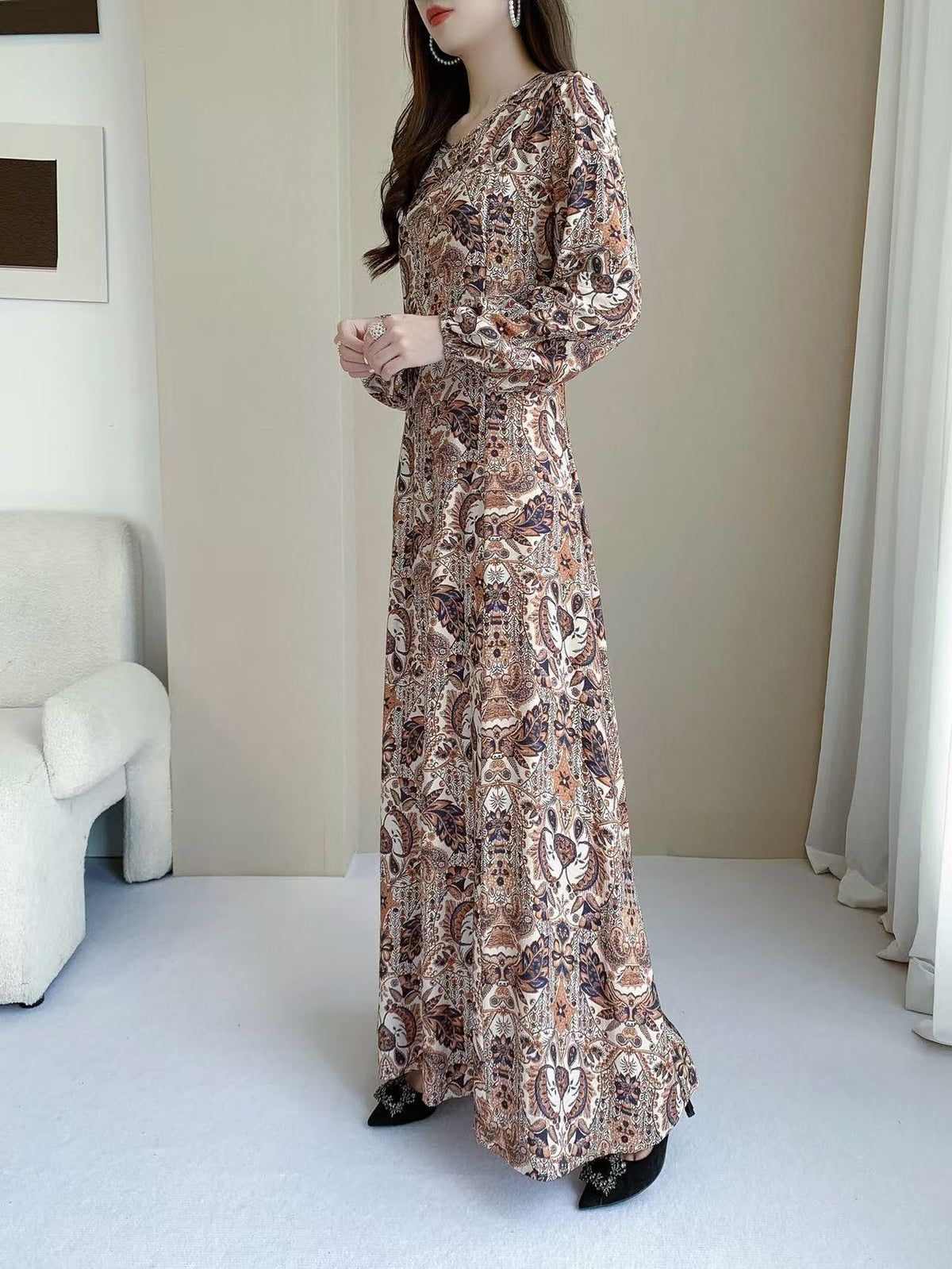 Retro Paisley Print Maxi Dress (L-26119)