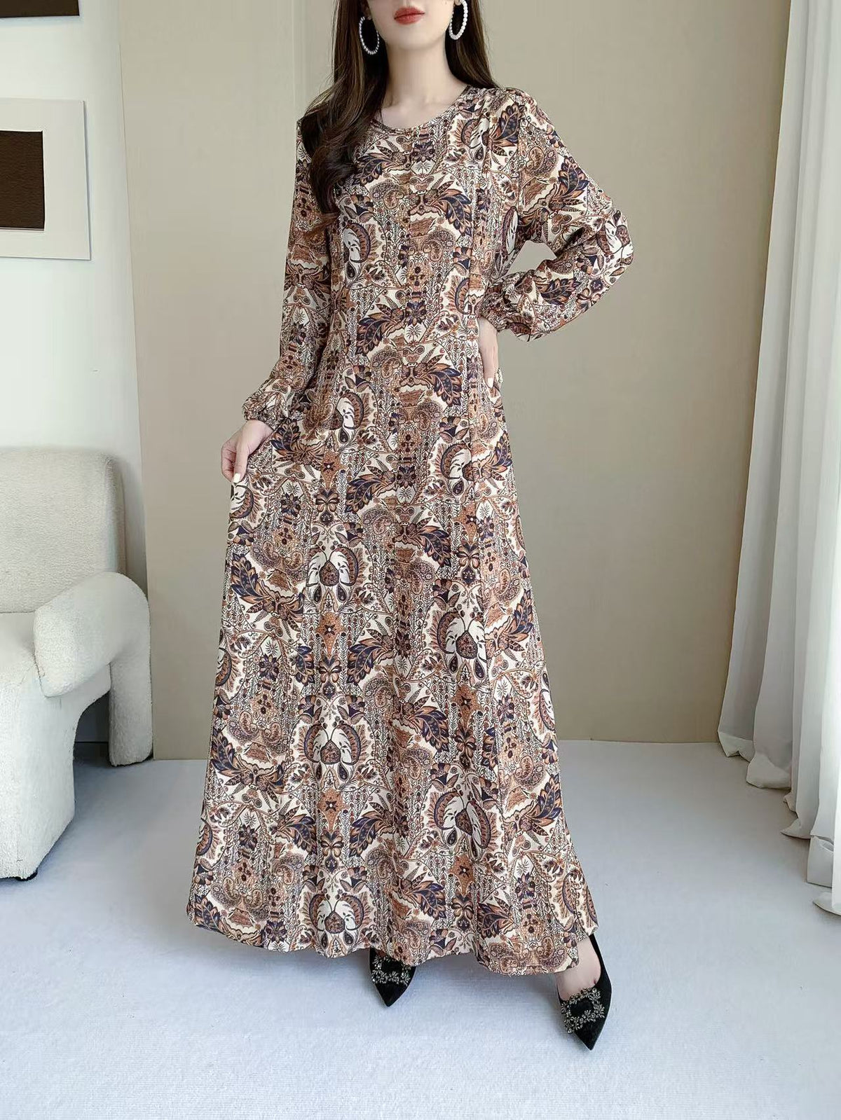 Retro Paisley Print Maxi Dress (L-26119)
