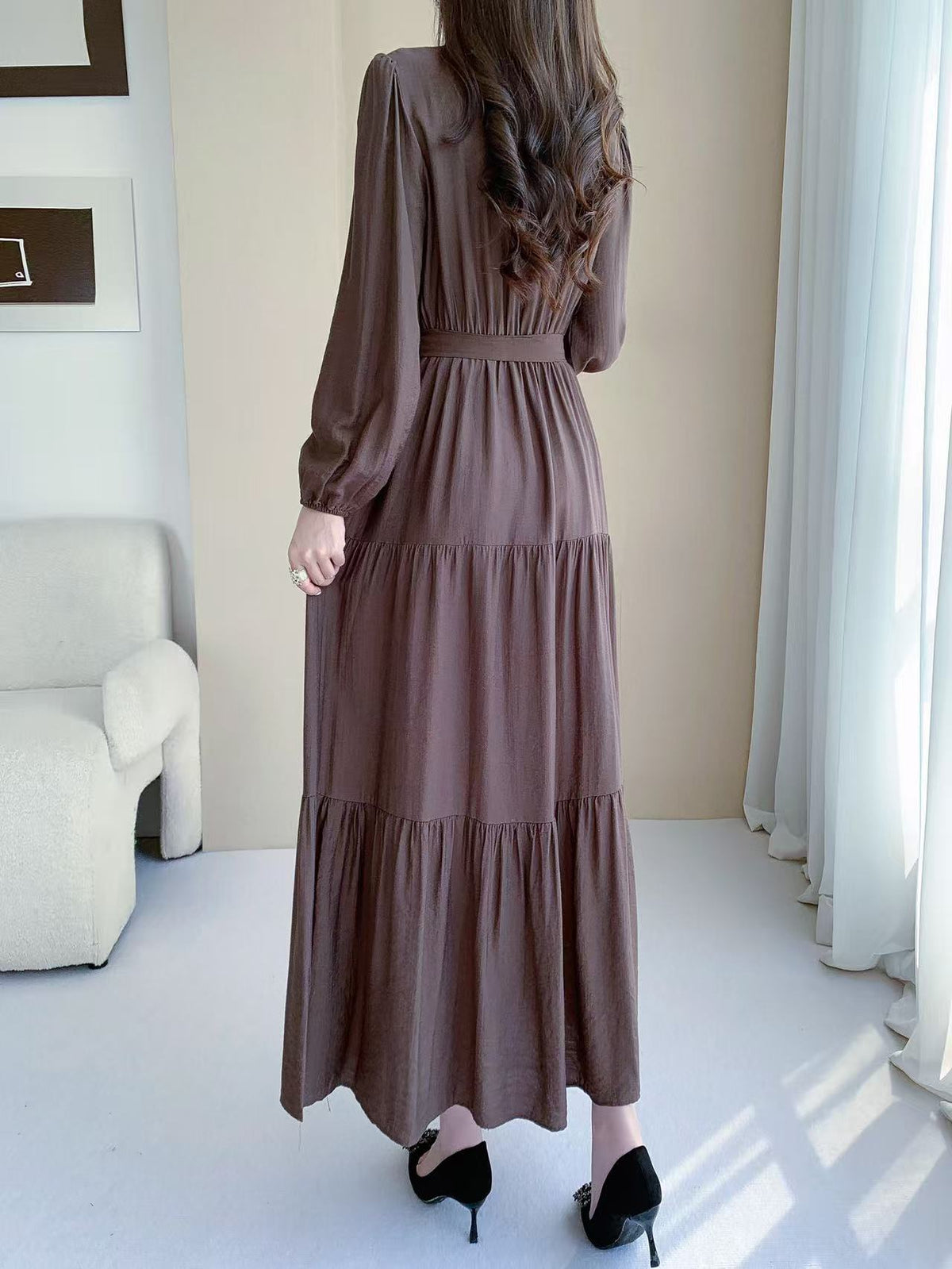 Ruffle Neck Long Sleeve Maxi Dress (L-24428-1)