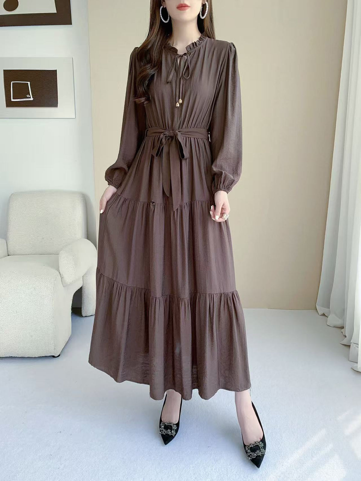 Ruffle Neck Long Sleeve Maxi Dress (L-24428-1)