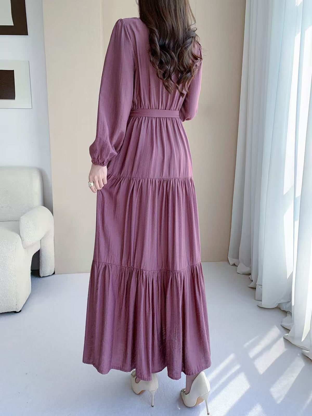 Ruffle Neck Long Sleeve Maxi Dress (L-24428-1)
