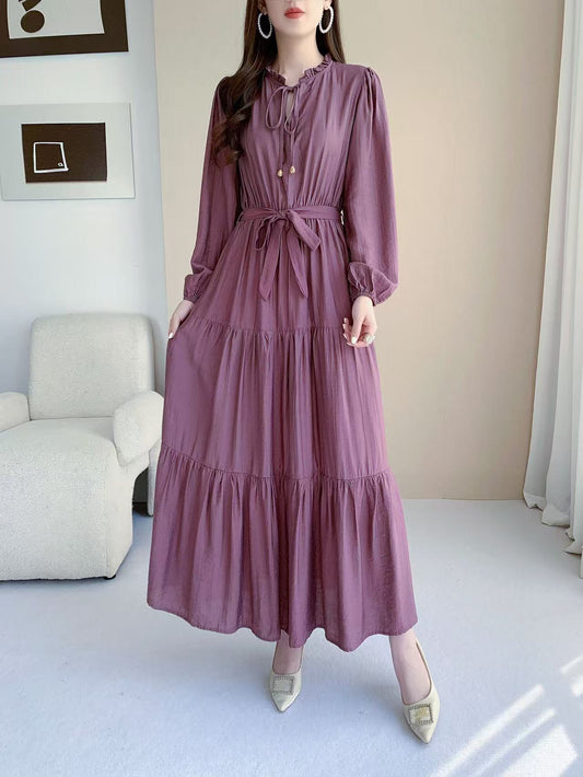 Ruffle Neck Long Sleeve Maxi Dress (L-24428-1)