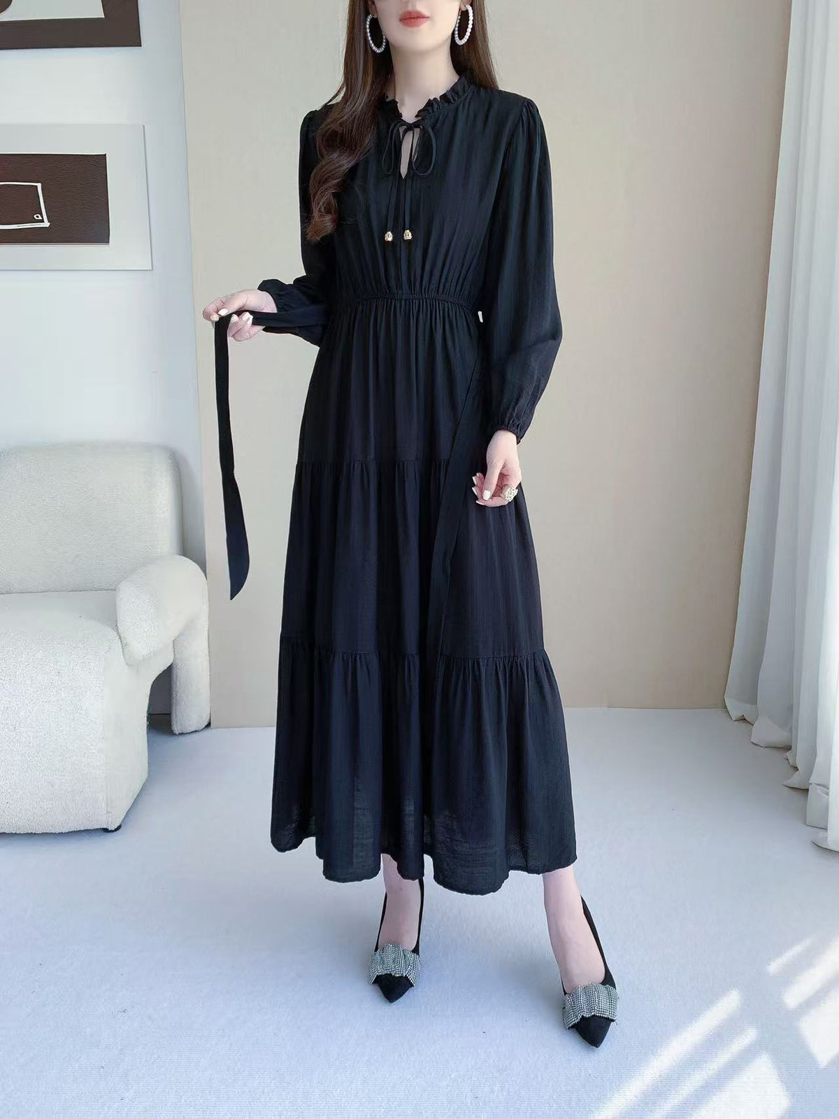 Ruffle Neck Long Sleeve Maxi Dress (L-24428-1)