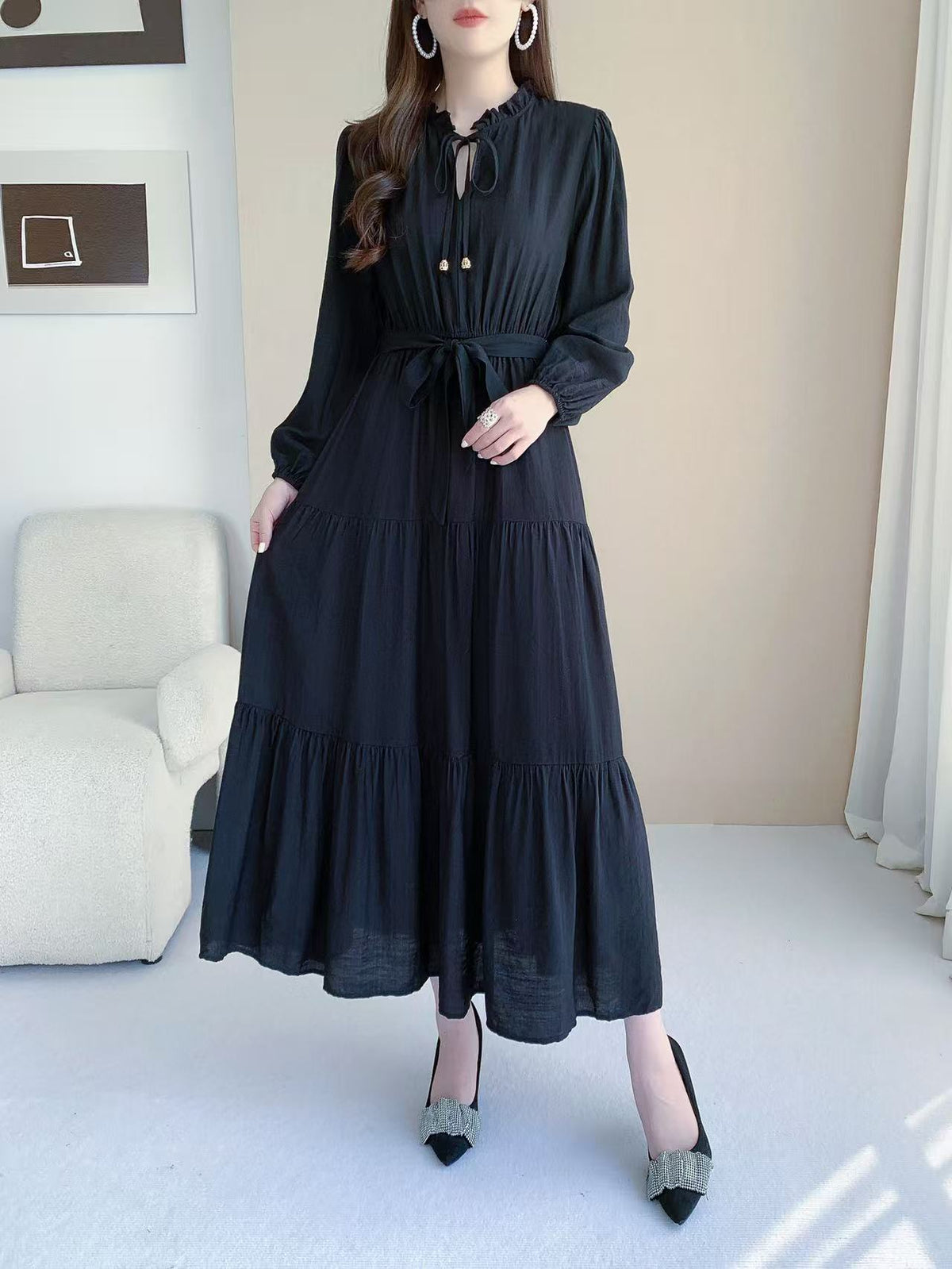Ruffle Neck Long Sleeve Maxi Dress (L-24428-1)