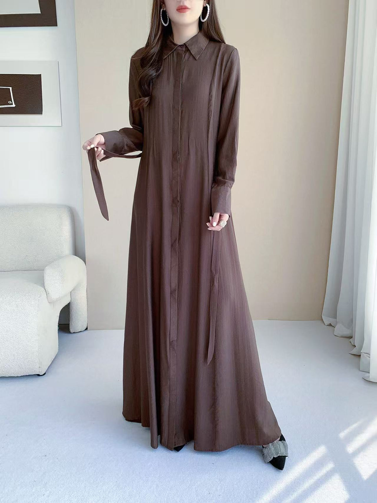 Button Front Maxi Shirt Dress (L-26801)