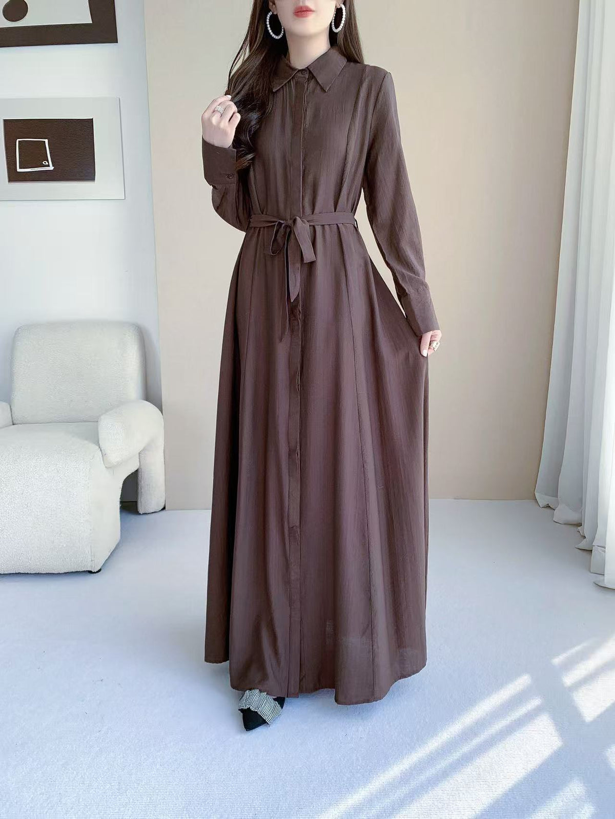 Button Front Maxi Shirt Dress (L-26801)