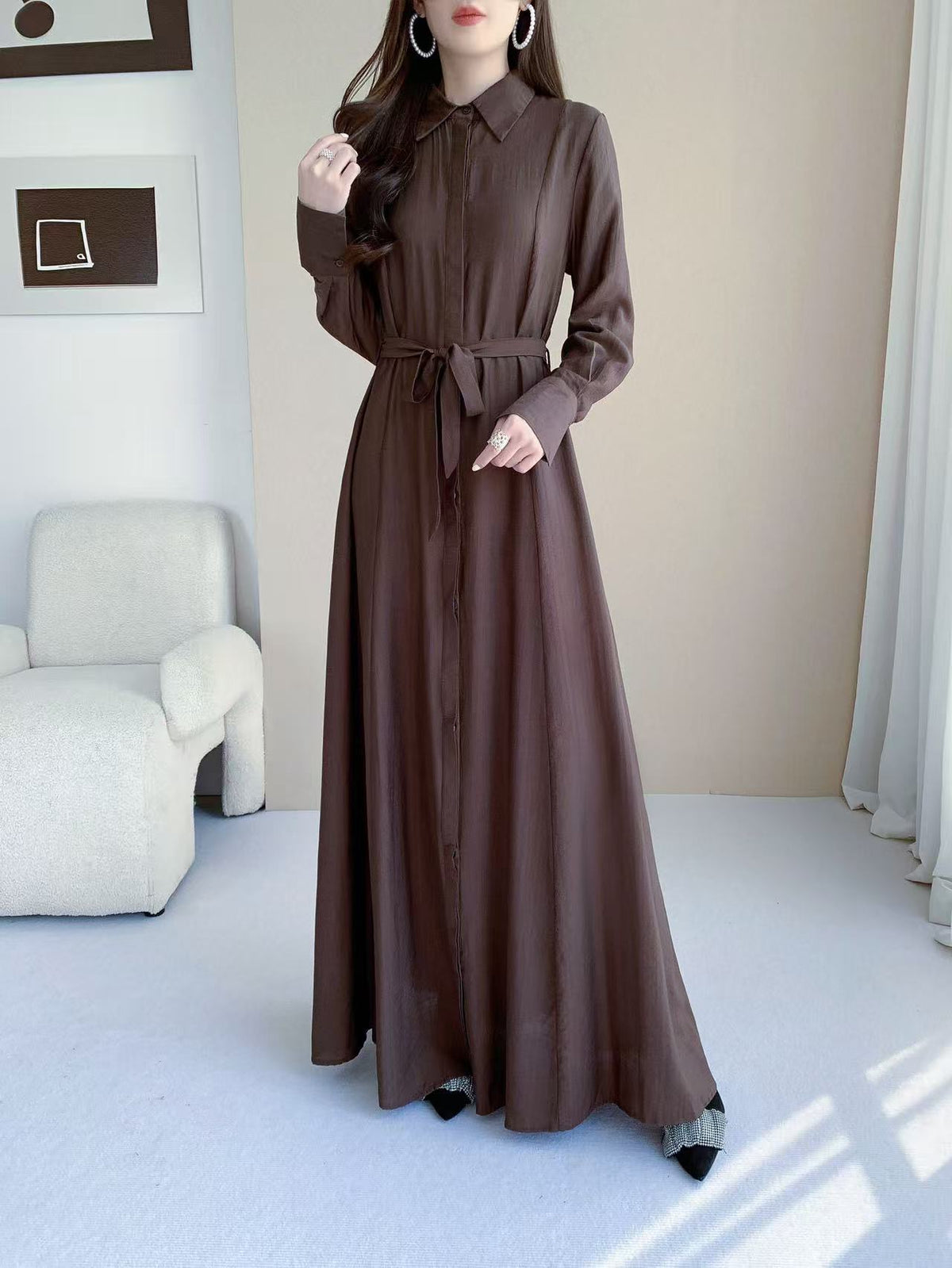 Button Front Maxi Shirt Dress (L-26801)